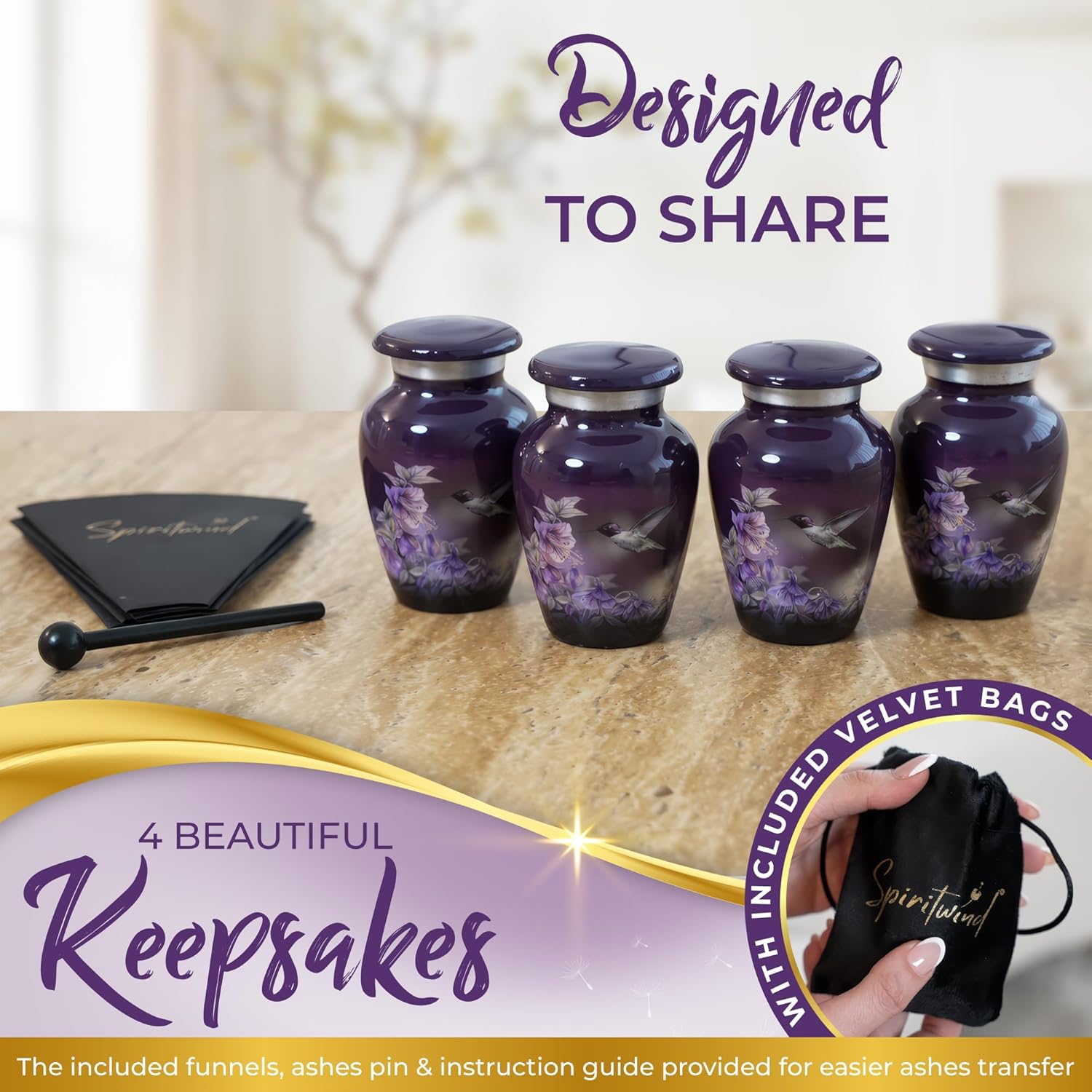 Set of 5 Beautiful Anna's Hummingbird Urns for Human Ashes Adult Female - 1 Large Purple Urn for Ashes for Women with 4 Keepsake Hummingbird Urns - Beautifully Packaged with 4 Funnels & 5 Velvet Bags - Image 4