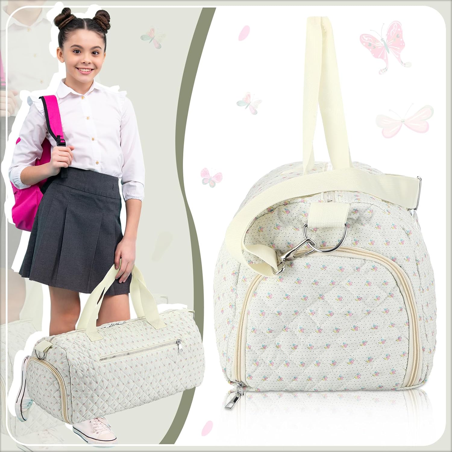 Colorful Floral Quilted Duffle Bag for Women Cotton Dance Bag with Adjustable Carry Strap and Handy Pouch Floral Backpack for Dancers - Image 5