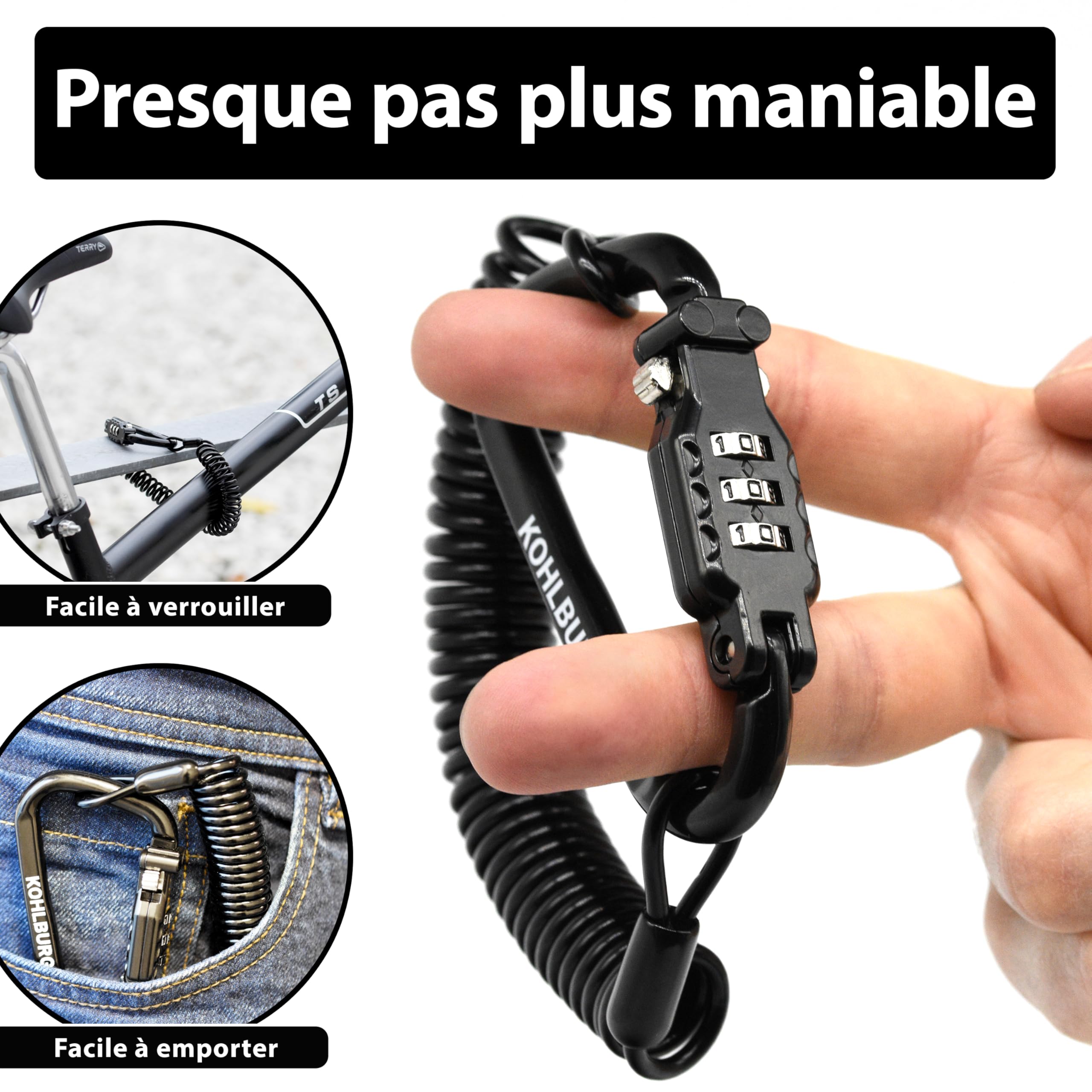 KOHLBURG Cable antivol 180 cm flexible solide cadenas code 3 mm pour poussette casque snowboard ski vélo