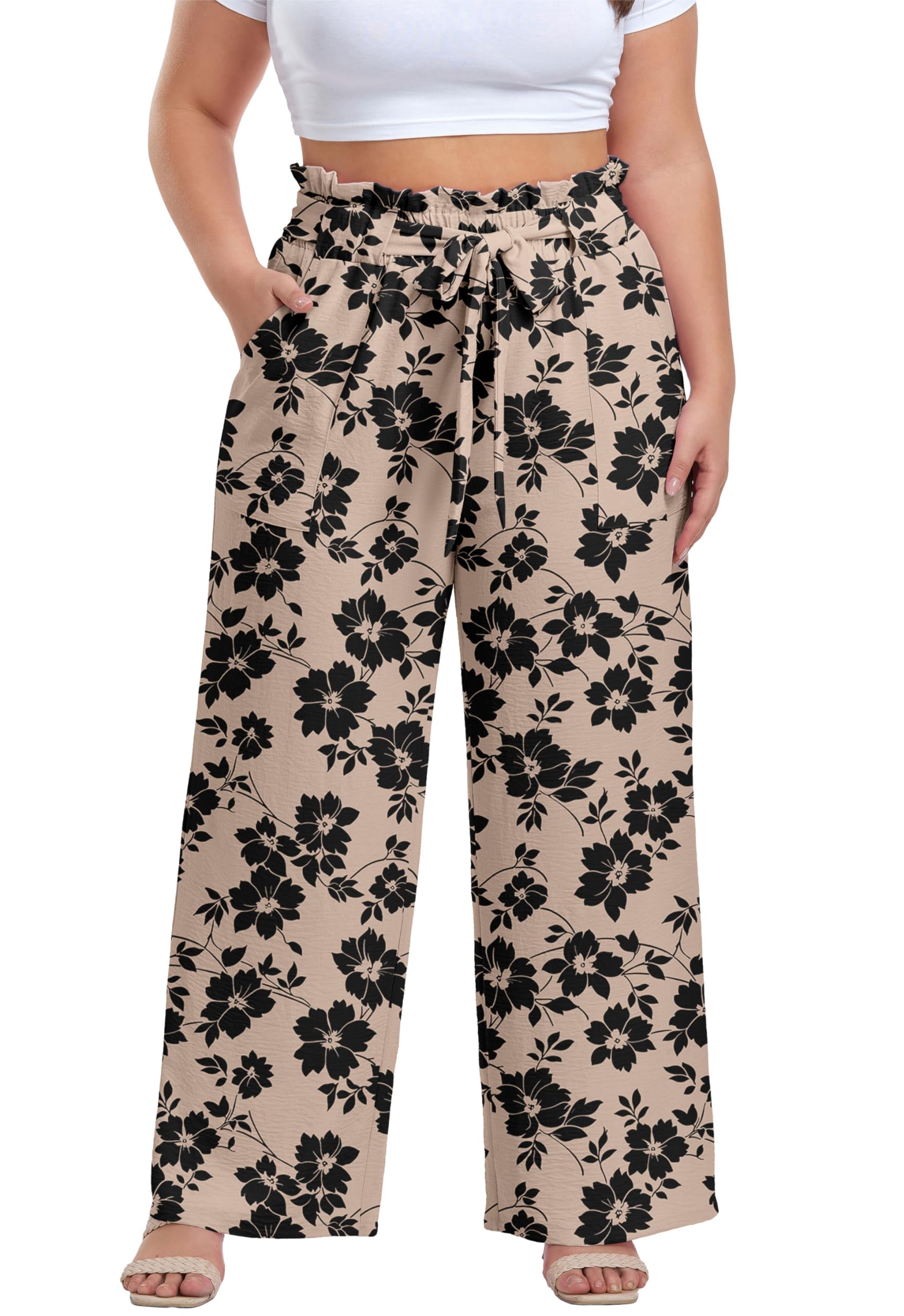 OLRIK Womens Plus Size Pants Adjustable High Waist Wide Leg Palazzo Casual Trousers with Pockets Spring Clothes