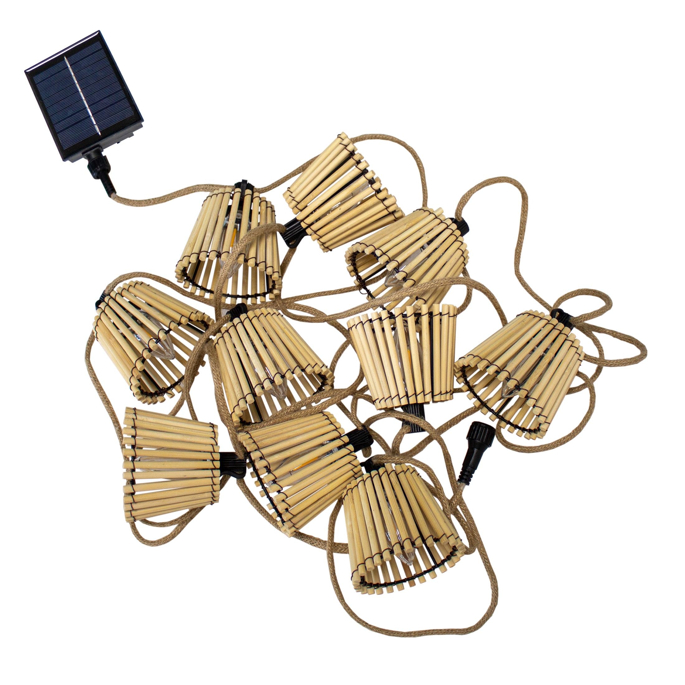 OKINAWA - Ghirlanda di luci per esterni sotto soffitto in fibra di bambù, 10 lanterne LED 8 metri lunghezza (solare + batteria)