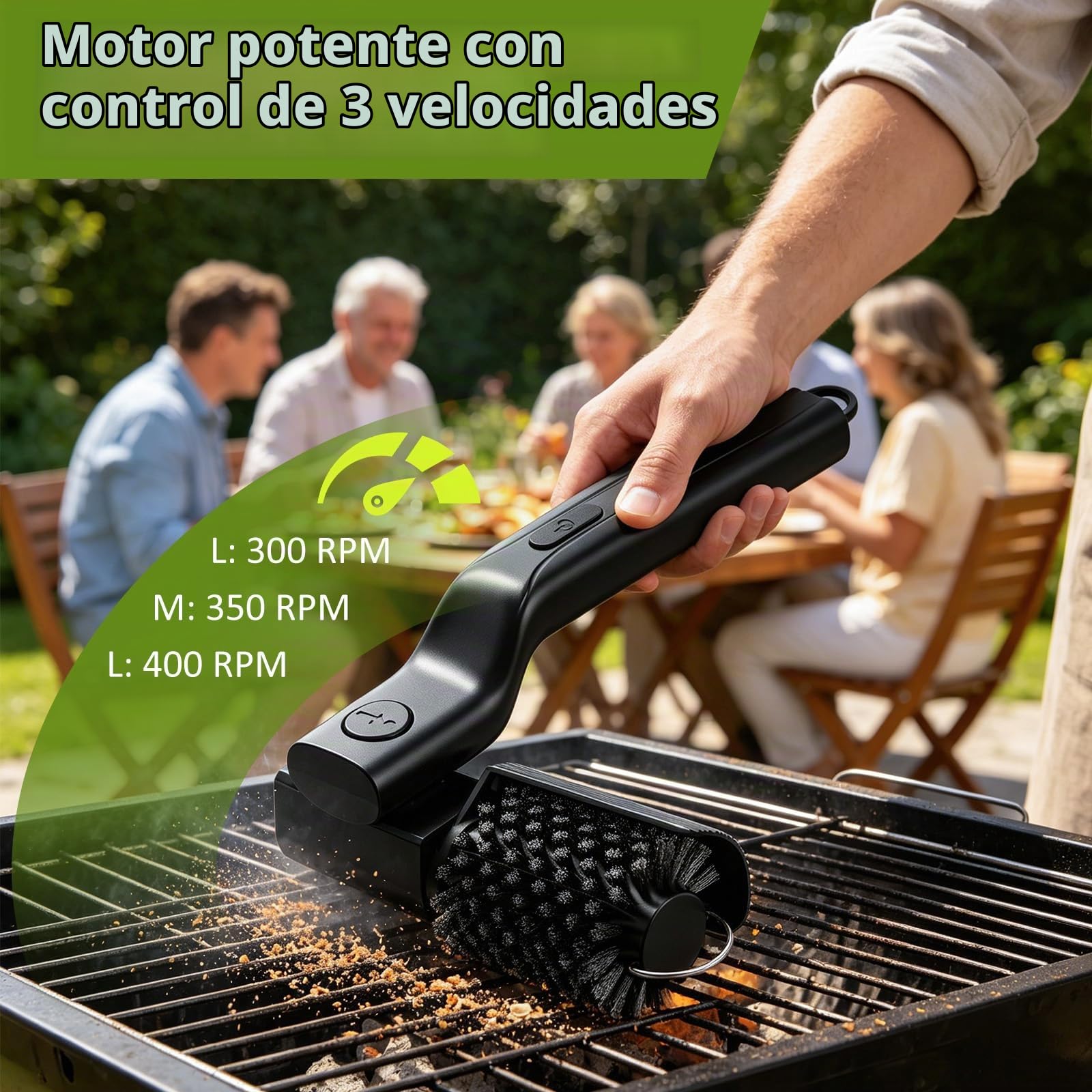 Cepillo Eléctrico para Barbacoa, Cepillo eléctrico para Parrilla con 3 velocidades, 180° Ajustable, 2 Cabezales, 100 Min de Autonomía, Limpiador de Parrilla Inalámbrico para Gas y Carbón