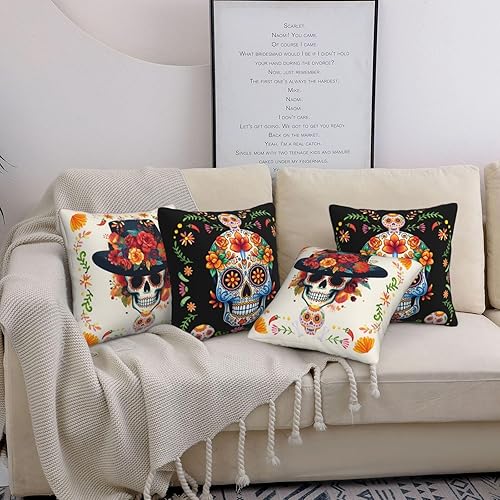 Miniatura 3 de Yuejher 4 fundas de almohada decorativas del Día de los Muertos, fundas de almohada de calavera de azúcar mexicana, fundas de cojín cuadradas para