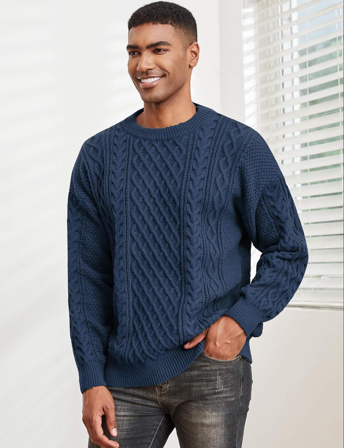 Men's Knit Sweater Crewneck Loose Fit Casual Twist Patterned Textured Long Sleeve Cable Knitted Pullover - Image 2