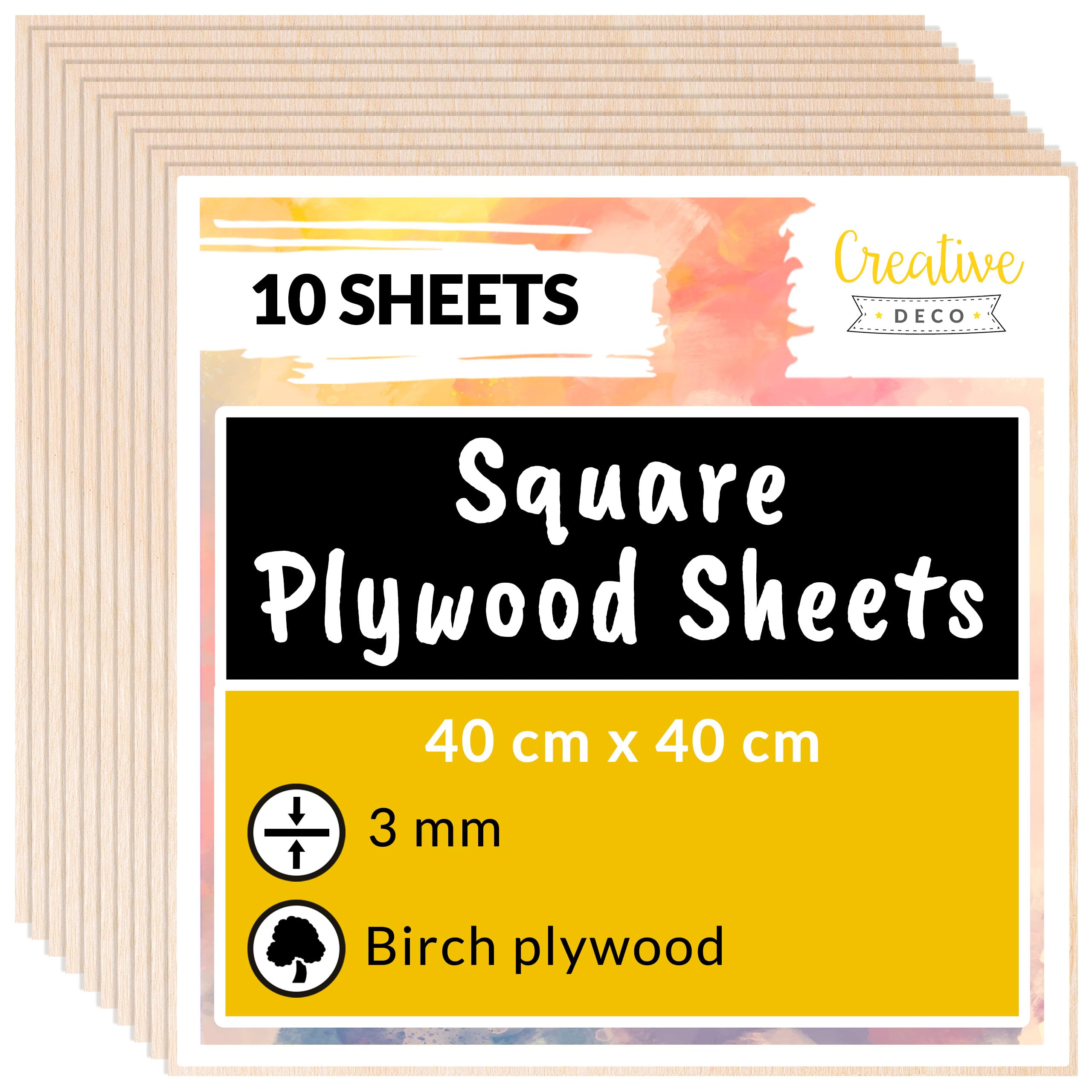 Creative Deco 10 x Square Birch Plywood Sheets | 400 x 400 x 3mm (+/-2mm) Baltic Wood Ply | Perfect Laserable Board Wood DIY Home Decor Arts Craft Painting Laser Cutting CNC Stenciling Pyrography