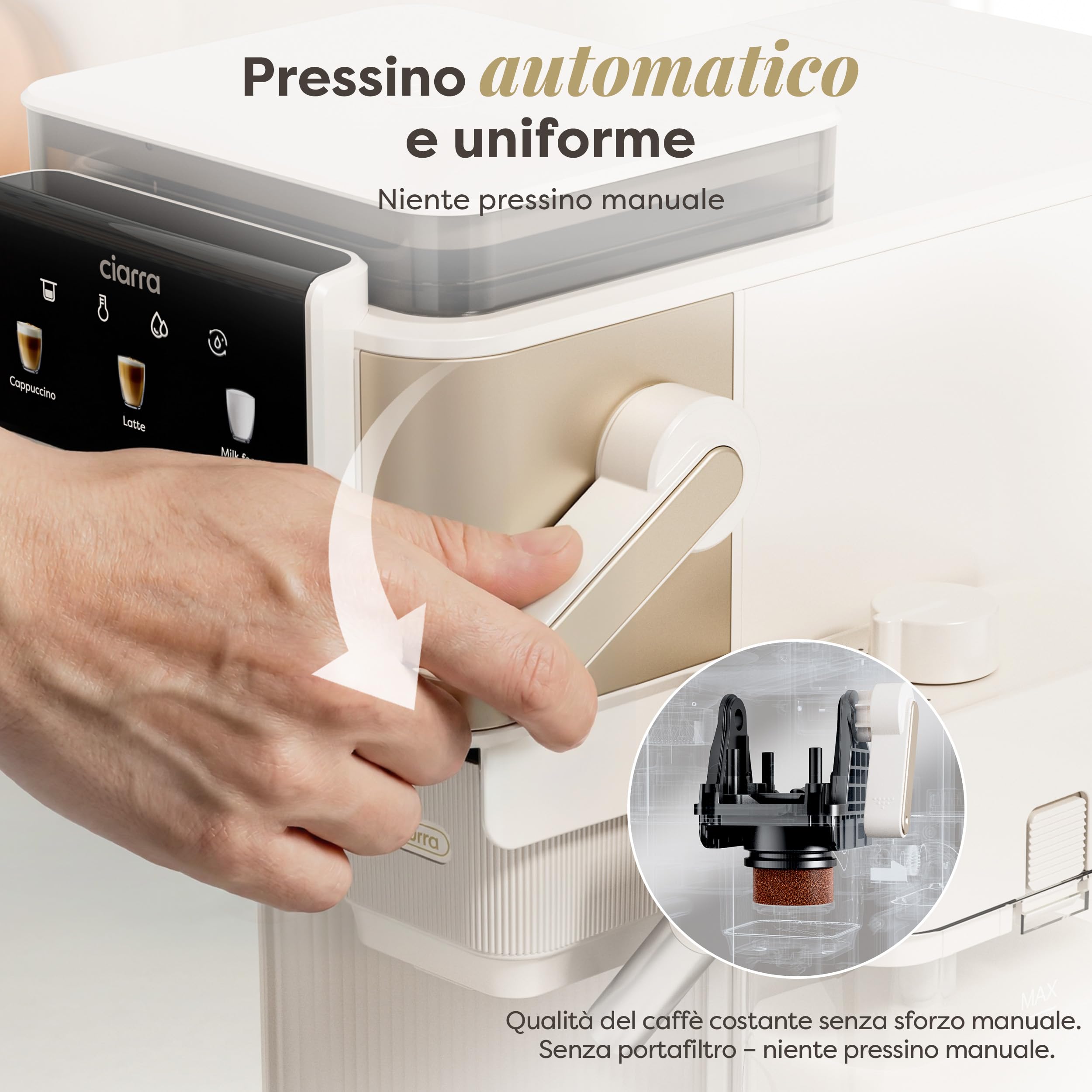 CIARRA CBSACM-D6 Macchina Caffè Espresso 15Bar con Macinacaffè e Montalatte | 1400W, Montalatte per Cappuccino e Latte, Caffè in Grani, Compatta, Decalcificazione Semiautomatica