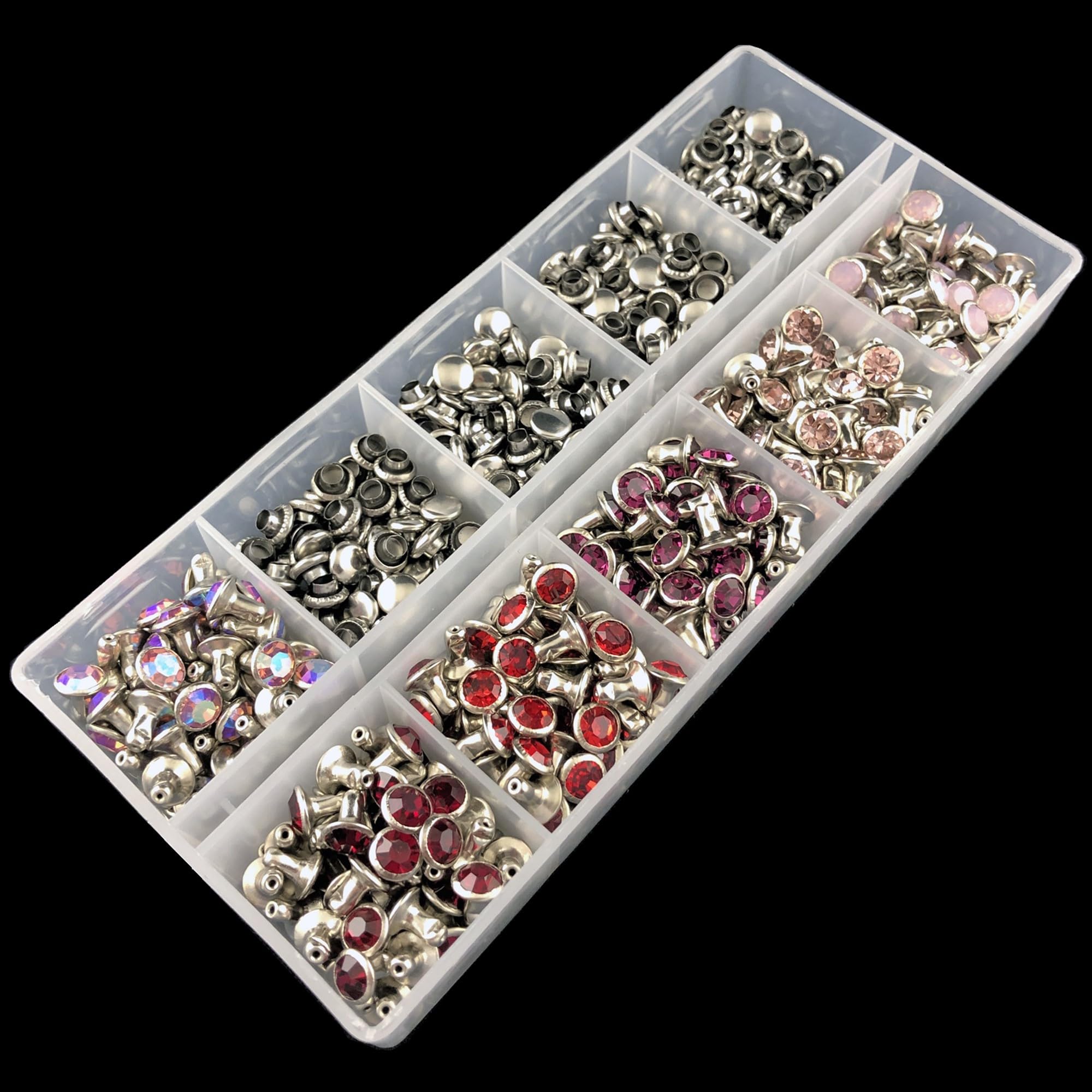 360 Sets 6 mm CZ++-Kristallnieten, versilbert, gemischte Farbflecken, Nieten, Doppelkappen-Punk-Spikes für Lederhandwerk, Mix 01