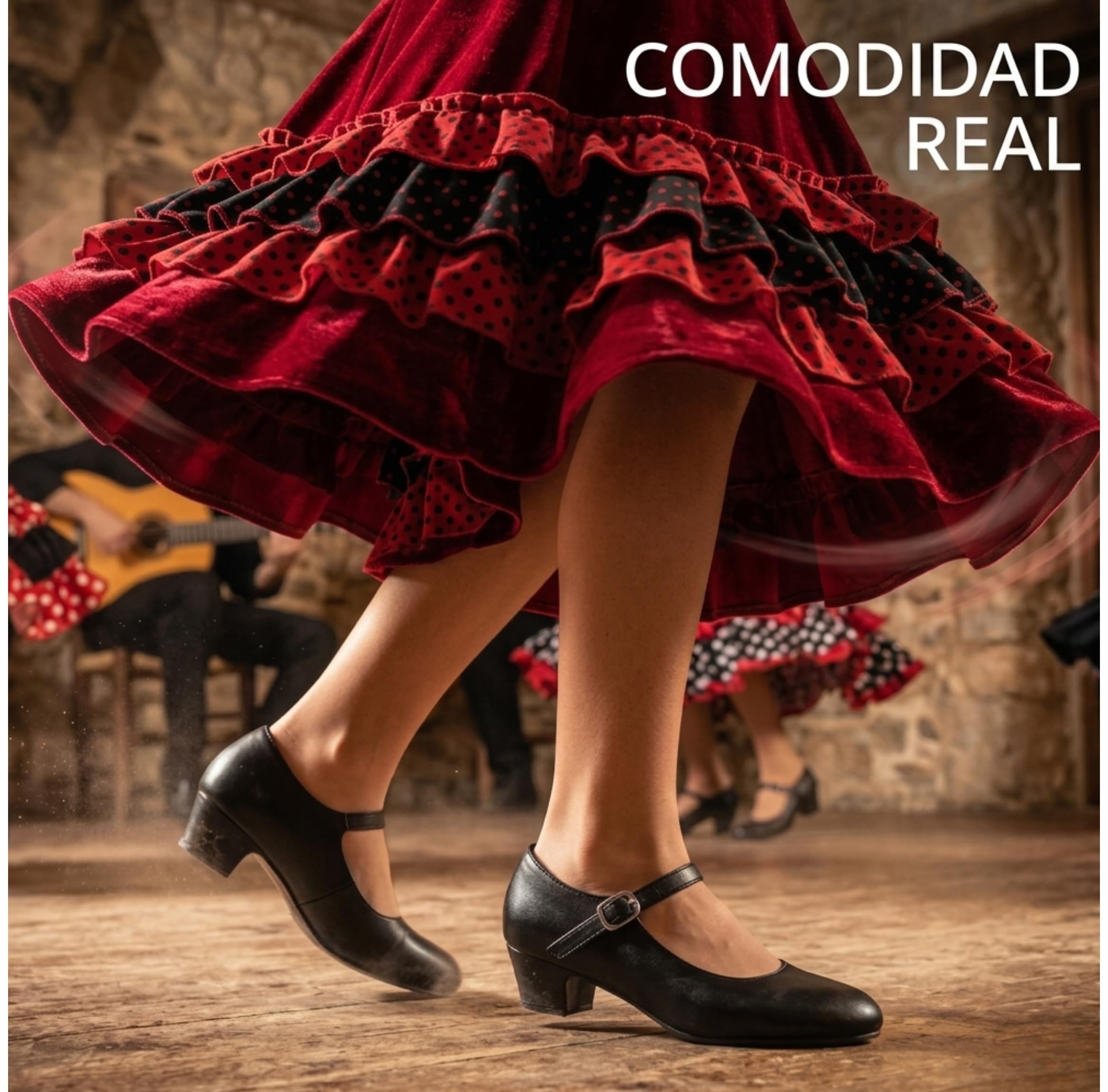 Zapatos Negros de Baile Flamenco para Niña y Mujer de Iniciación | Talla 24 a 41 | Tacón Ancho de 3,5 cm | Cómodos para Clases de Sevillanas y Danza Española | Cierre de Hebilla