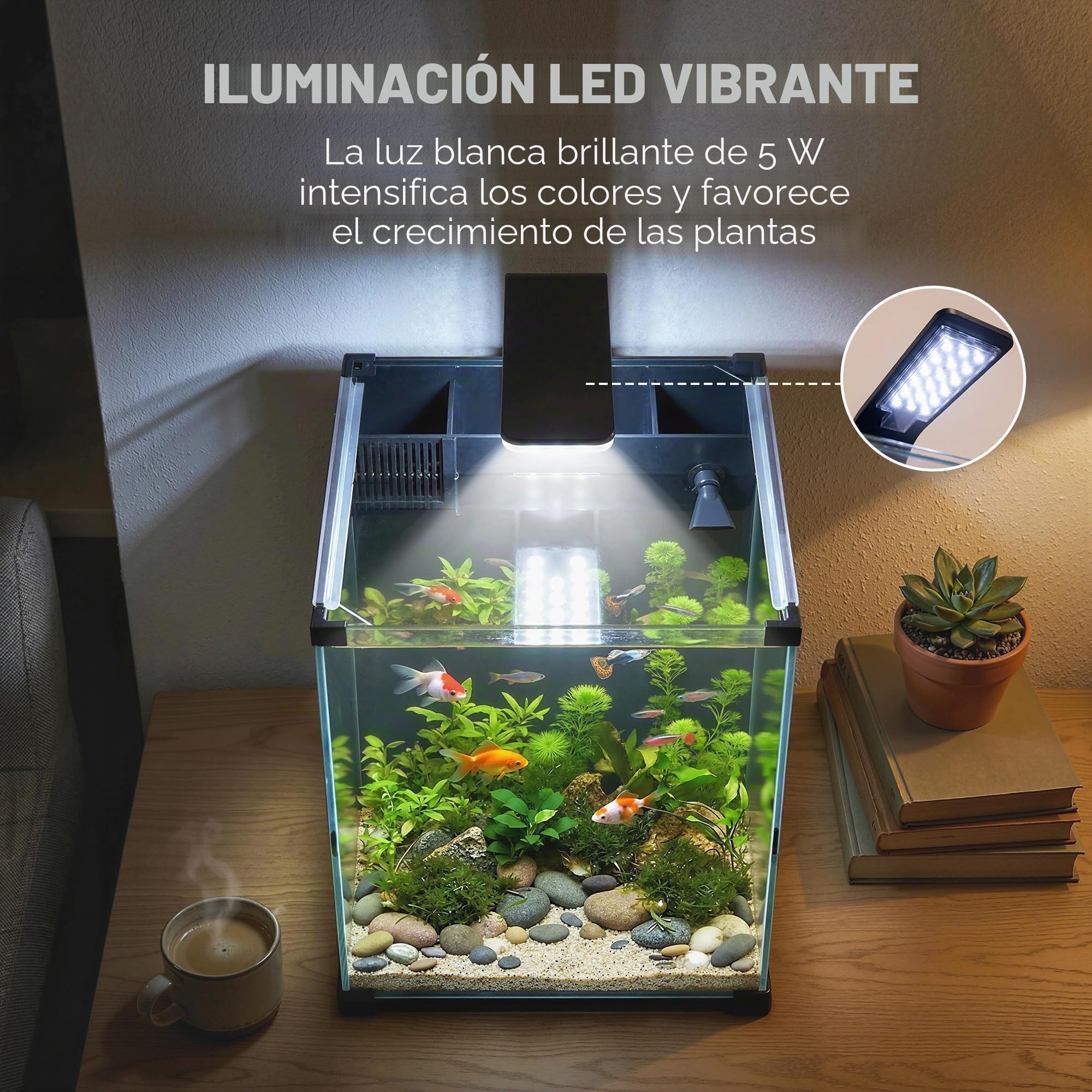 PawHut - Acuario de cristal templado completo de 36 L, nano acuario con filtro integrado, bomba de 5 W e iluminación LED, kit de acuario principiante para peces y plantas de 30 x 30 x 45 cm, color