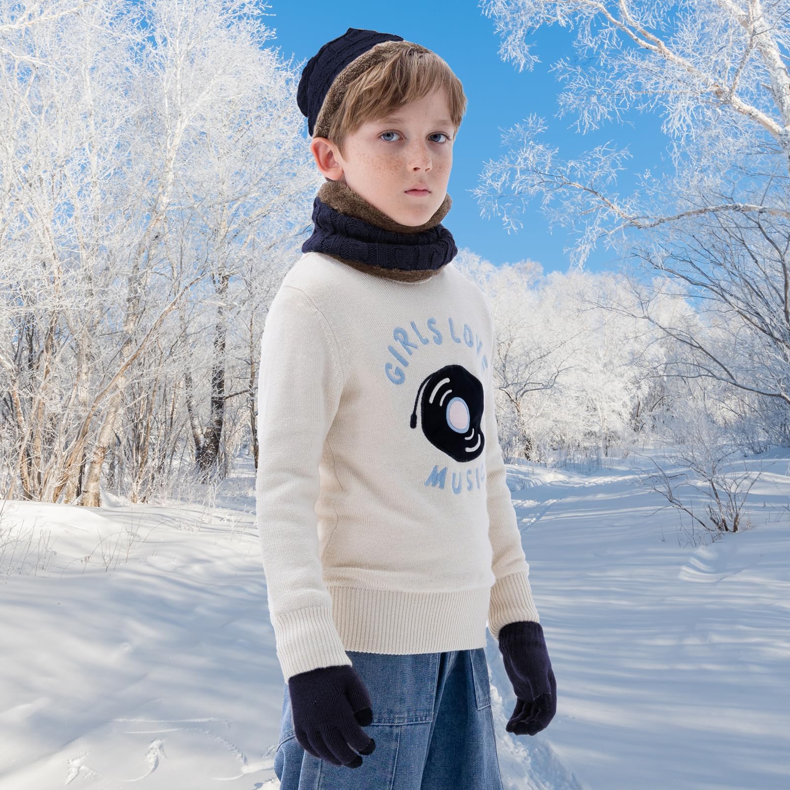 Durio Kinder Mütze Schlauchschal Handschuhe Mütze Set Wintermütze mit Fleece Gefütterte Strickset für Jungen und Mädchen