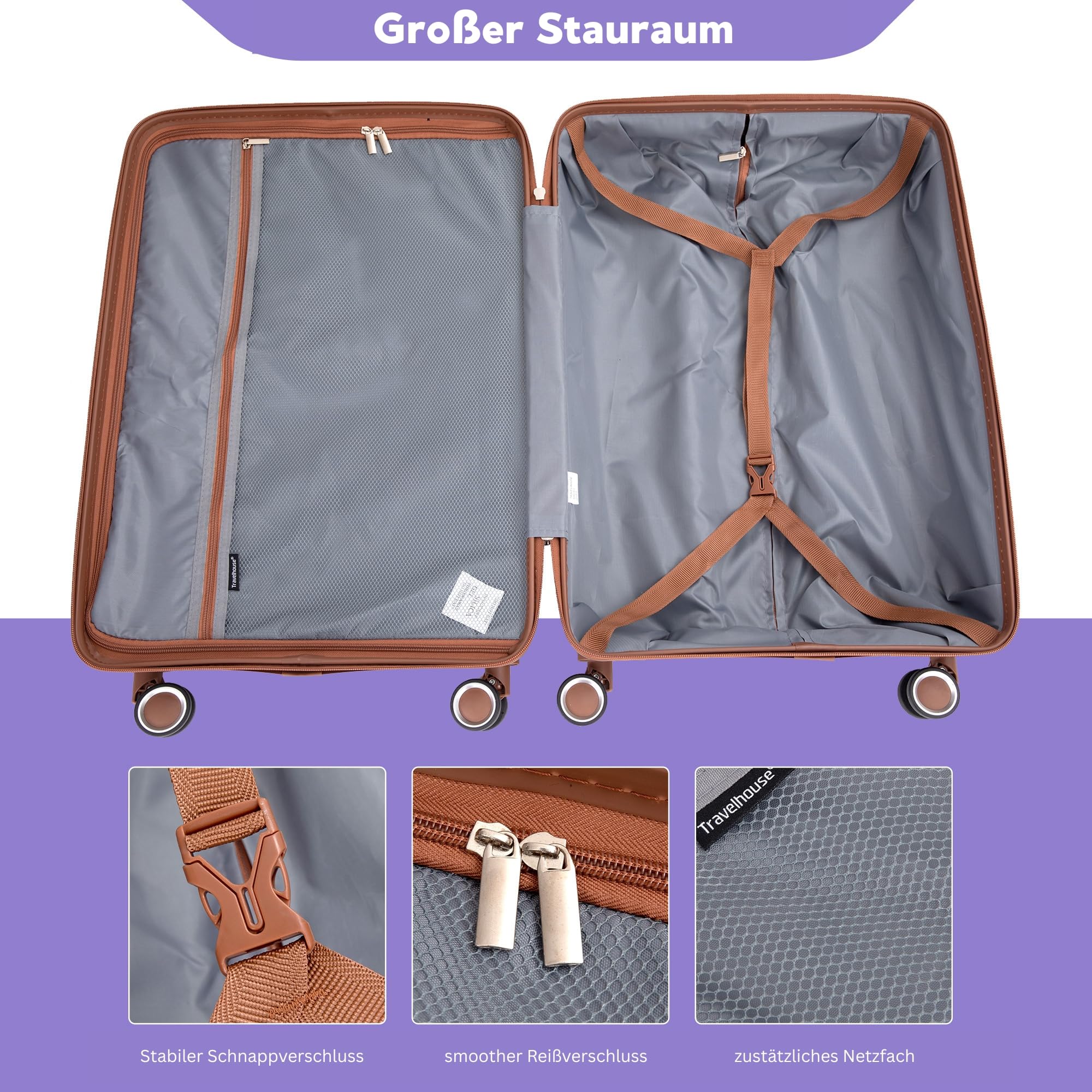 Travelhouse Ascona - Set di 5 bagagli, valigetta con ruote, policarbonato + custodia rigida ABS, borsa da viaggio e beauty case, set di bagagli a mano, viola/lilla, 77x30x53 cm, Set di valigie