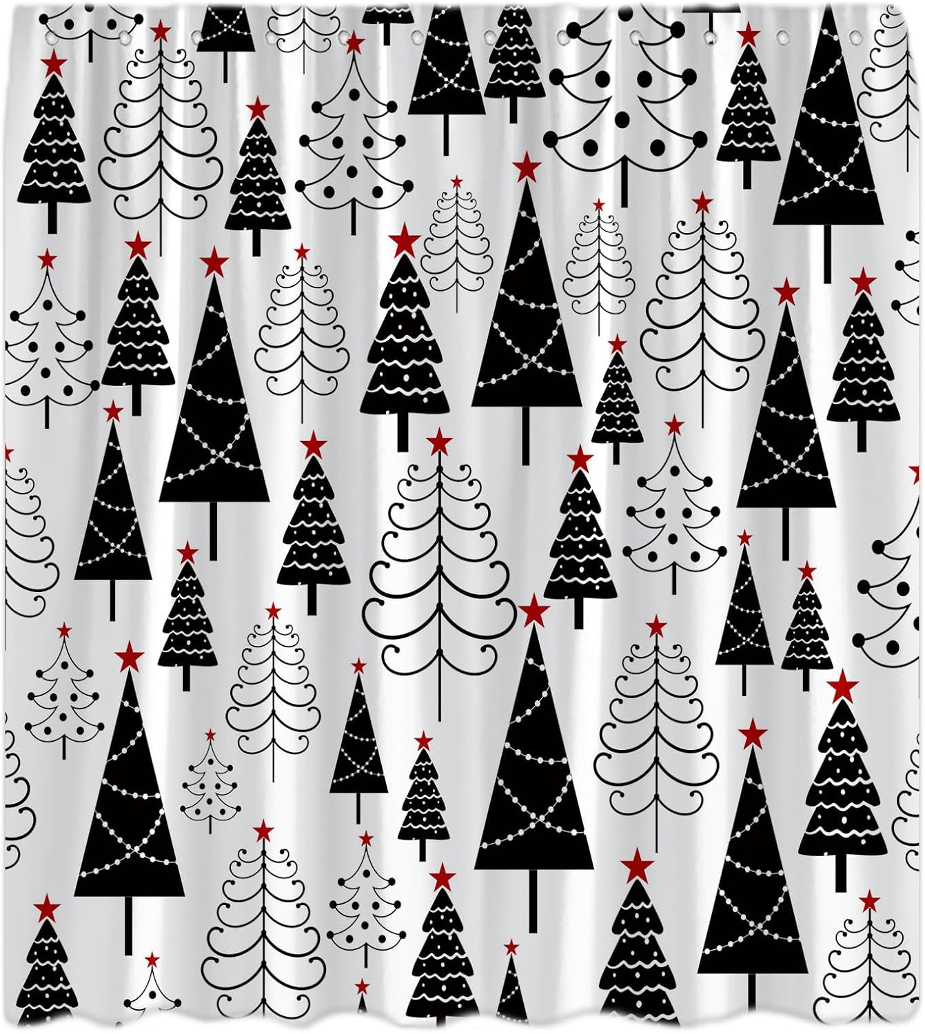 Christmas Shower Curtain Black and White Xmas Tree Stars Winter Pine New Year Holiday Bath Decor Curtain with Hooks, 70x84 Inch