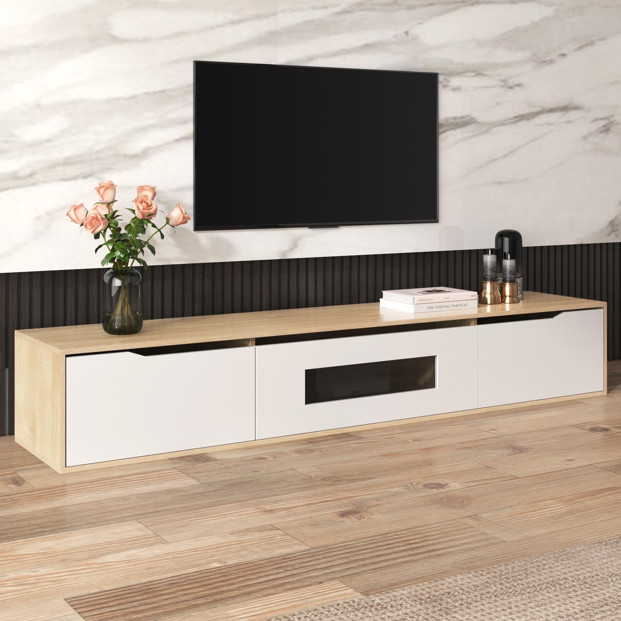 Merax Armario de TV para TV, mueble bajo colgante, mesa de salón, mueble de televisión, mesa de TV, cómoda con luz LED, mesa de TV, bancos de TV, armario colgante