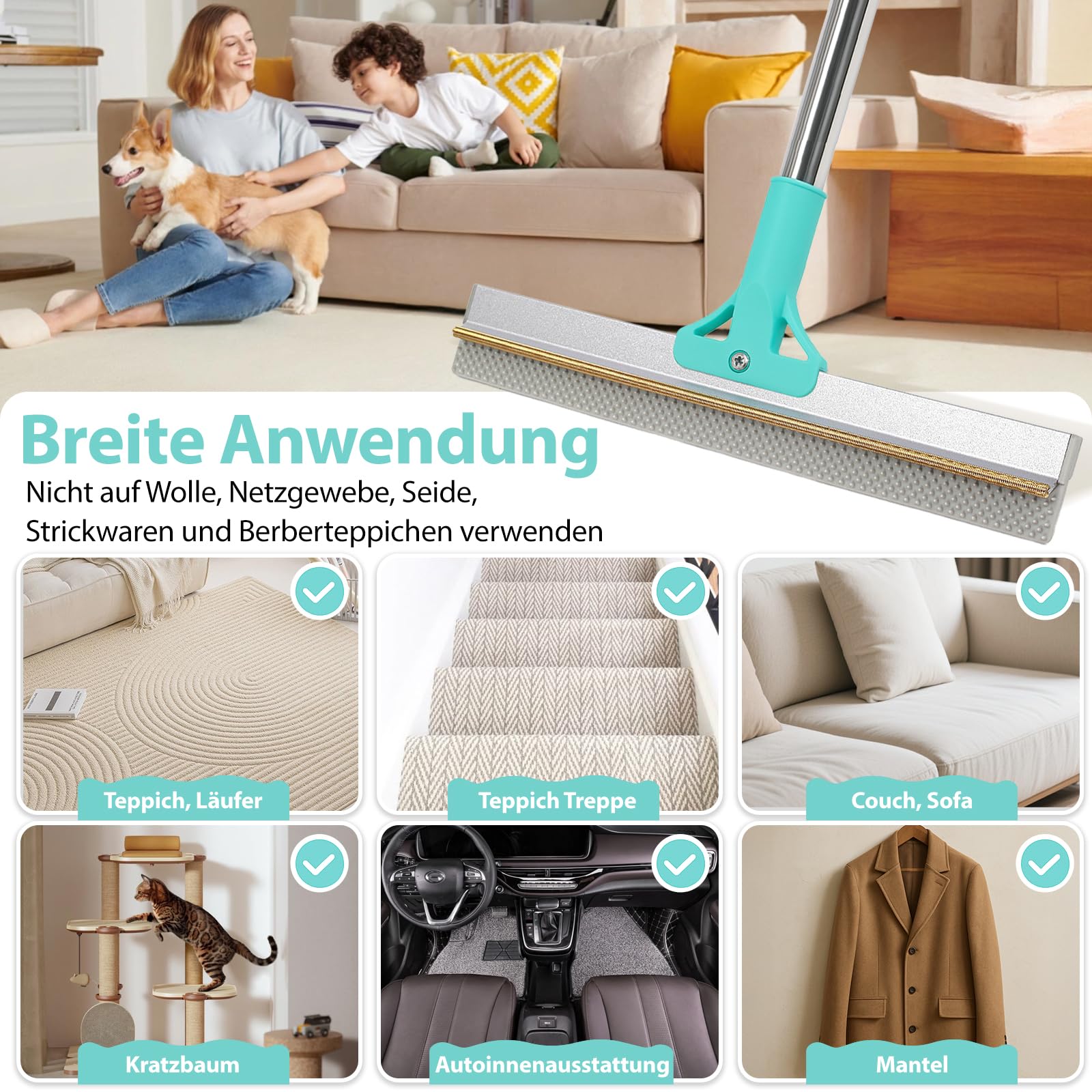 Tierhaarentferner, 2-in-1-Haarentferner, Teppichbürste mit 138 cm Verstellbarem Griff zum Entfernen von Tierhaare aus Autos, Teppichen, Fußböden, Sofas und Kleidung (Blau)