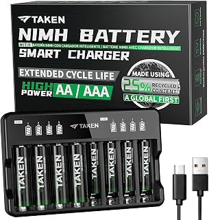 Taken Rechargeable 4-Pack 3100mWh AA and 4-Pack 1200mWh AAA NiMH High Capacity Batteries Made Using 25% Recycled Content with 8 Bay Smart Battery Charger for Fast Charging of AA & AAA Batteries