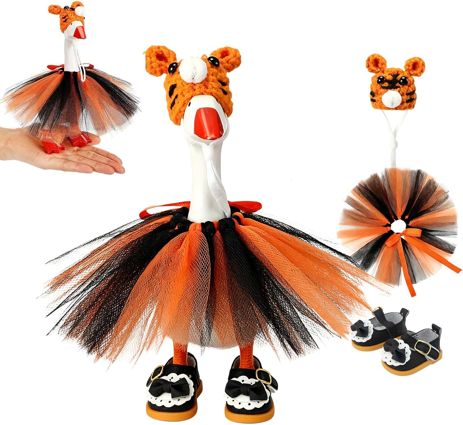 Desk Goose Tiger Outfits 7 Inches, Handmade Orange Black Tutu Skirt Hat and Shoes Set, Cute Goose Clothes Accessories for Desk Goose Decor (Tiger)