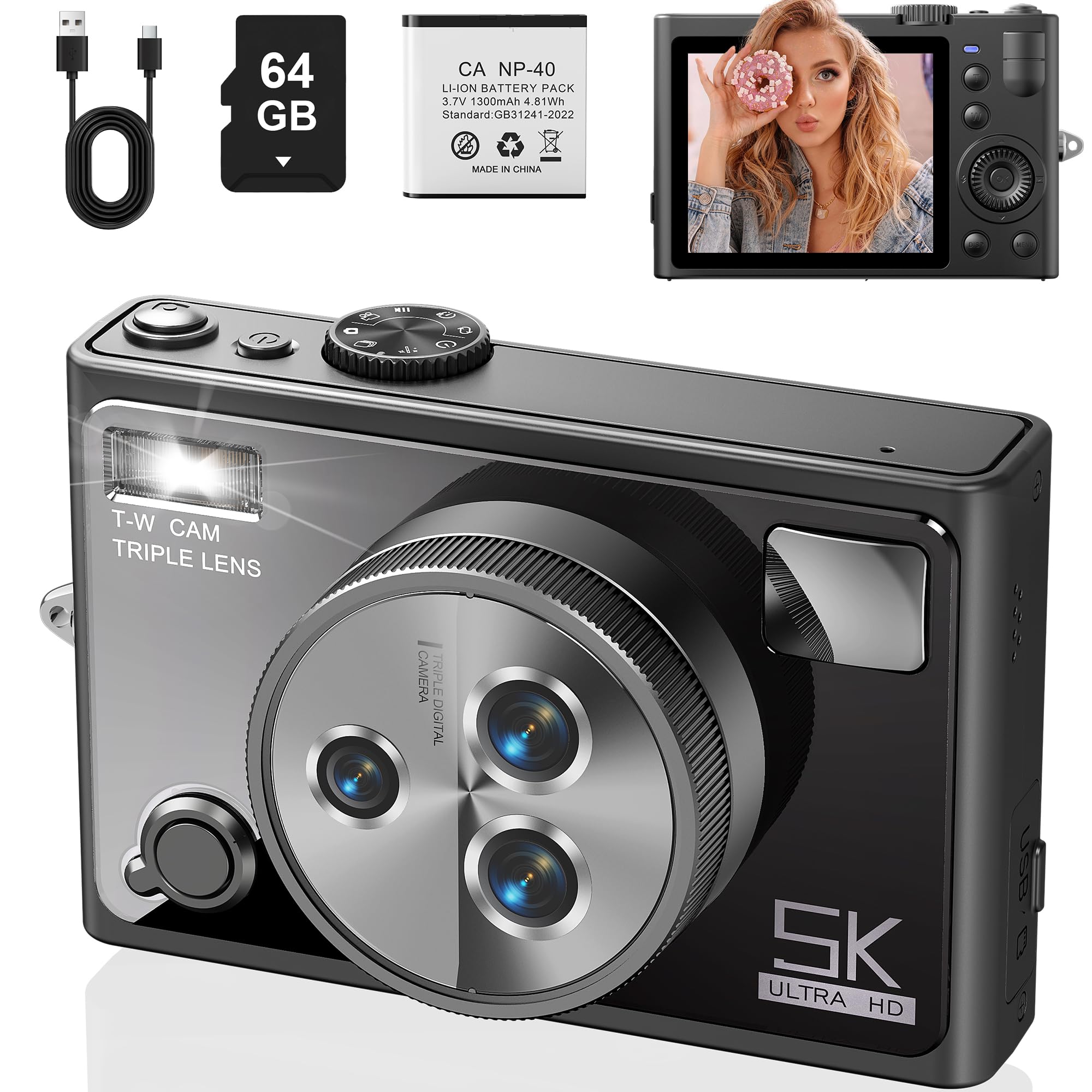 5K Digital Camera 4X Optical Zoom and 3X Digital Zoom Vlog Cameras for YouTube with 2 8 180