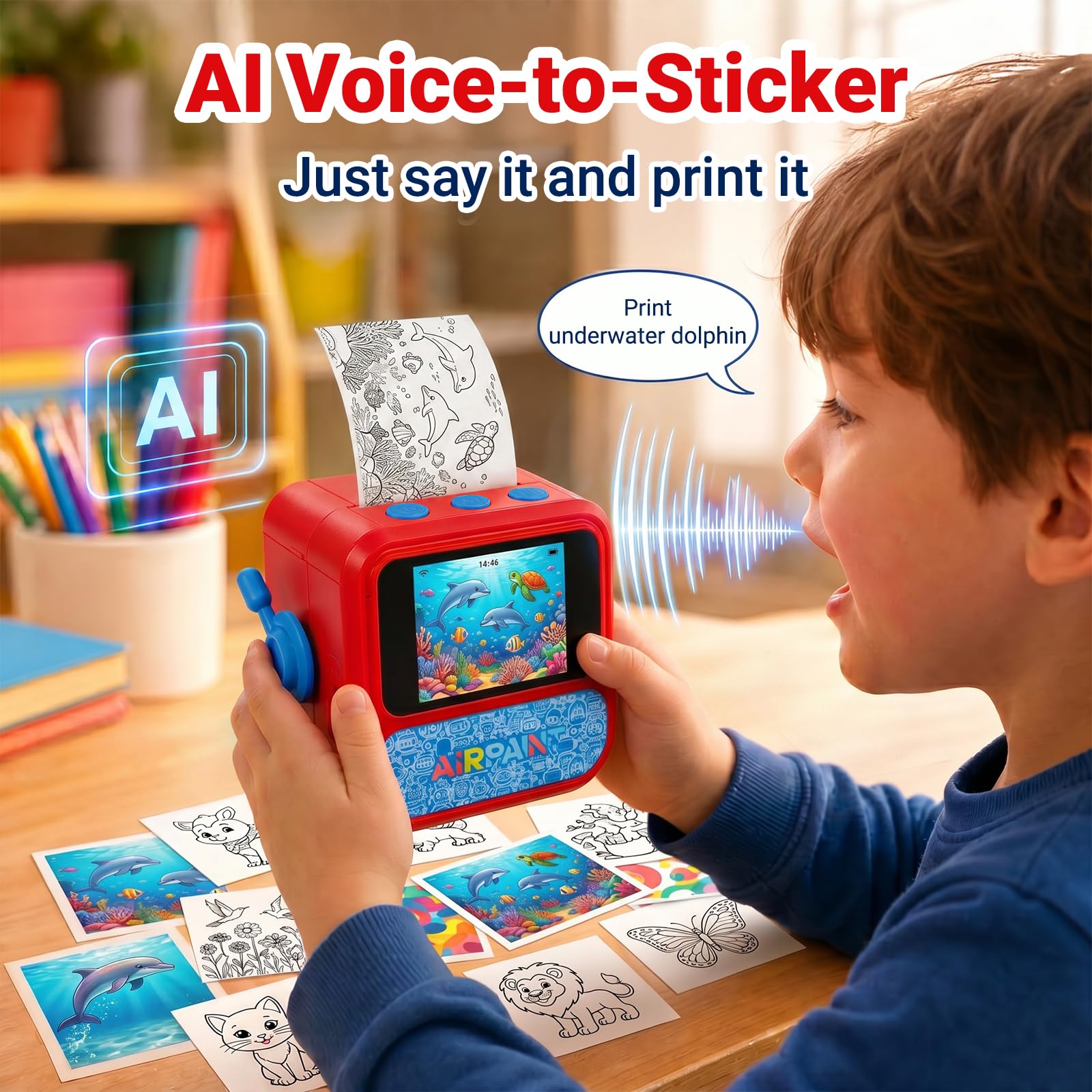Stampante adesiva AI per bambini, mini stampante termica vocale a stampa, creatore di adesivi portatile senza inchiostro per pagine da colorare, diari, etichette, appunti e artigianato fai da