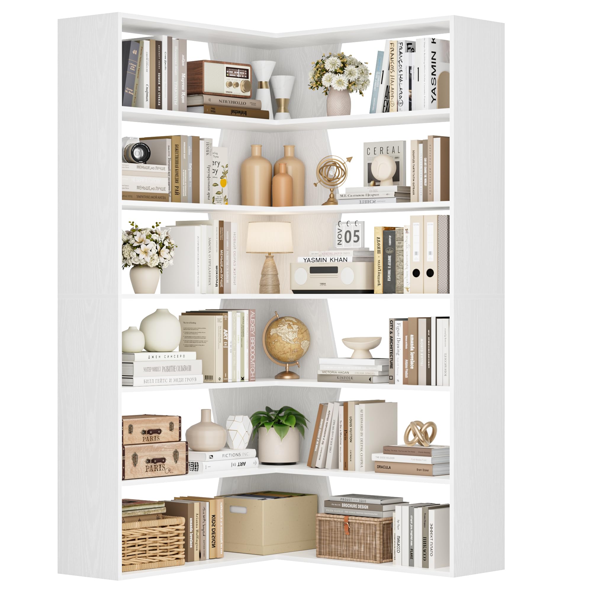 FirFurd Bookcase 6 Tiers Corner Bookshelf White Tall Bookcase Free Standing with Open Storage Display Rack L-shaped Book Shelf for Living Room Home Office 90x90x190.5cm