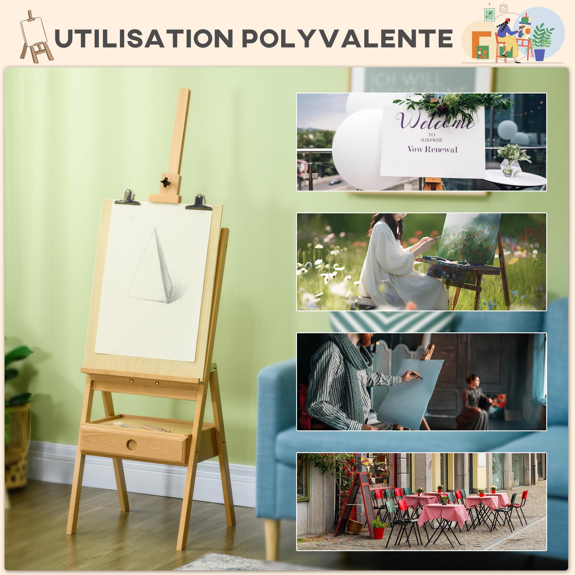 Vinsetto Chevalet en bois sur pied Chevalet d'Artiste Tiroir 92 cm Naturel