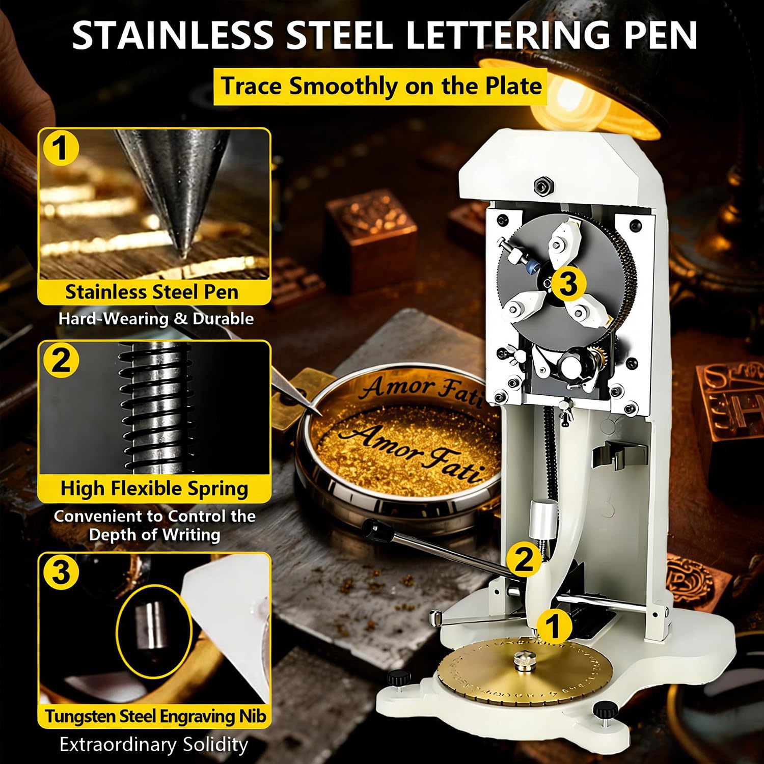 Máquina de grabado interior de anillos, grabador para anillos, con cabezal de grabado de acero y bloque de letras estándar de 1,5 a 2,0 mm, profundidad uniforme, para grabar oro, plata, cobre y otros