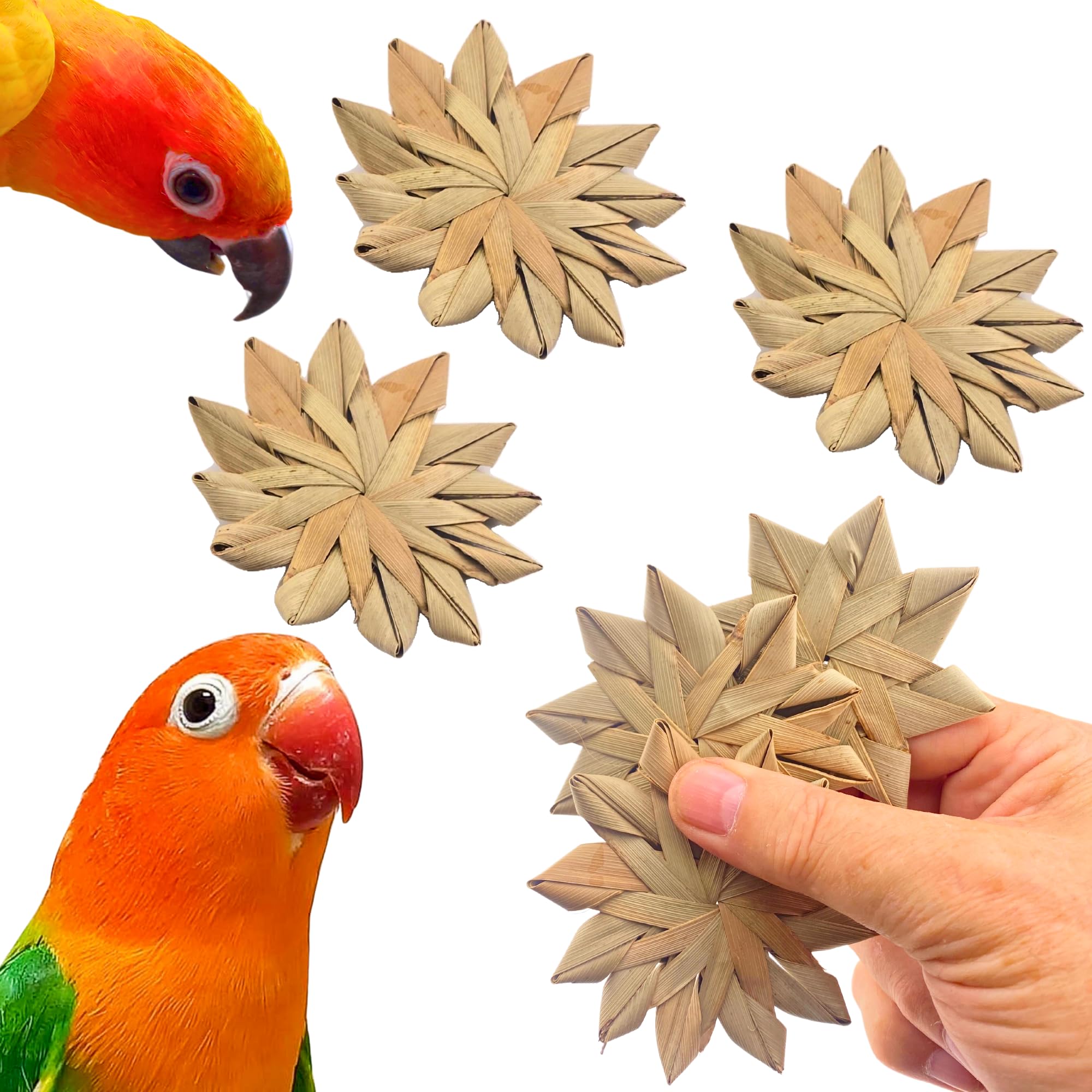Bonka Bird Toys 1271 Pack of 3 Woven Palm Leaf Flowers 3" Natural Chew Shred Foot Toy for Extra Small to Medium Birds Parakeets Cockatiels Conures