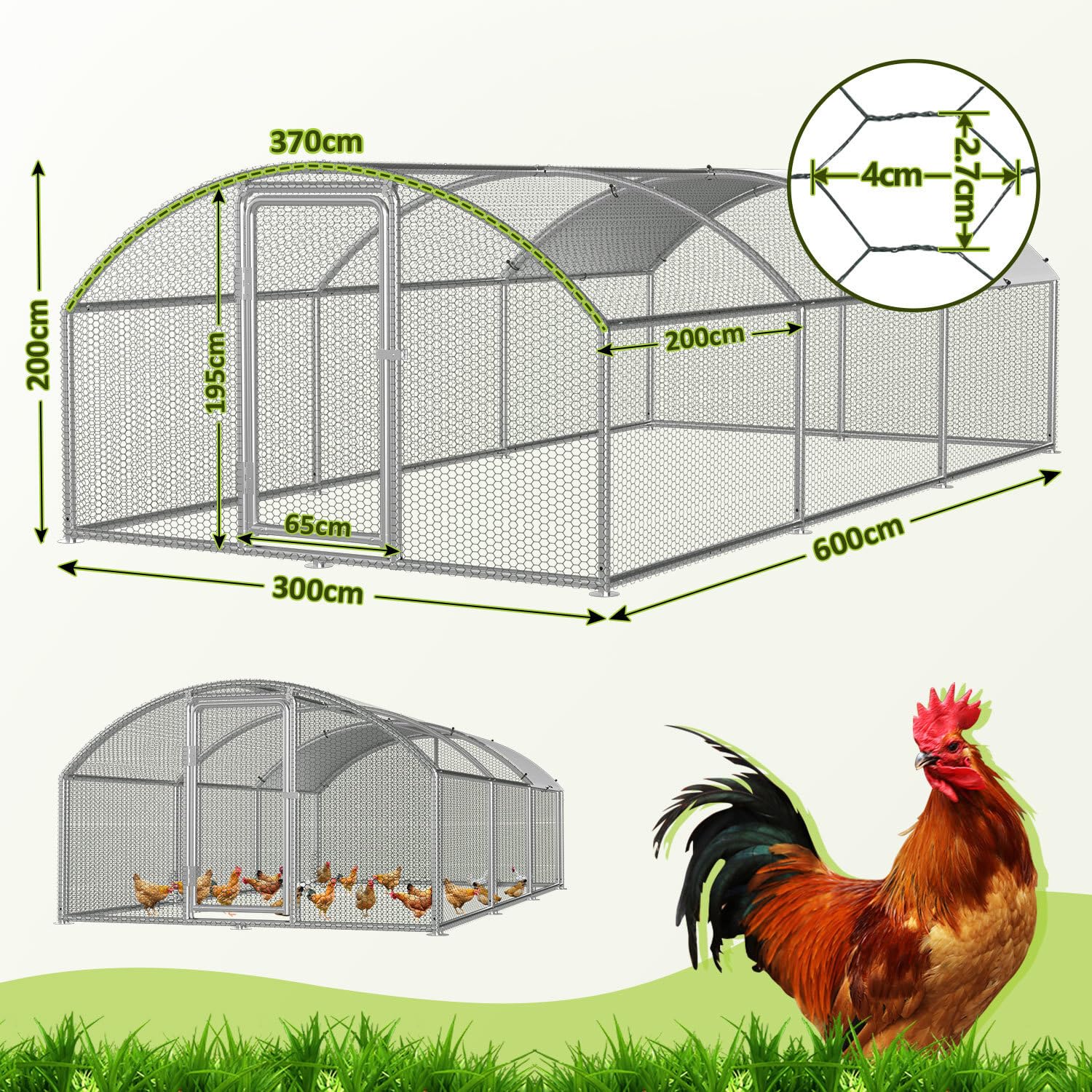 Gallinero de 3 x 6 x 2 m, recinto para gallinas, gallinas, acero galvanizado, para gallinas, caseta de conejo, cúpula, tejado, ganso, palomas y codornices, recinto de metal con red