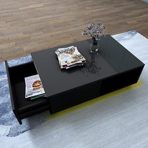 Miniatura 8 de Mesa de centro LED negra para sala de estar con cajón y 16 luces de colores, mesa de centro moderna de alto brillo de 43.3 pulgadas con espacio de
