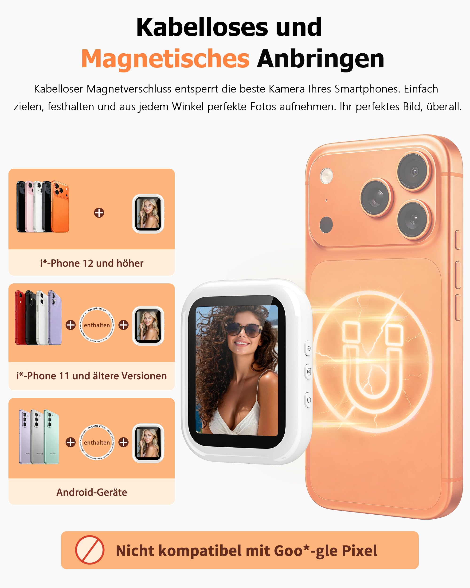 Handy Selfie Monitor für i-Phone/Android, Kabellos Magnetischer Vlog Selfie Monitor Bildschirm, Wireless Tragbar Smartphone Rückkamera Screen für Tik-Tok, Li-ve, YouTube, 2 Std. Akku, Weiß