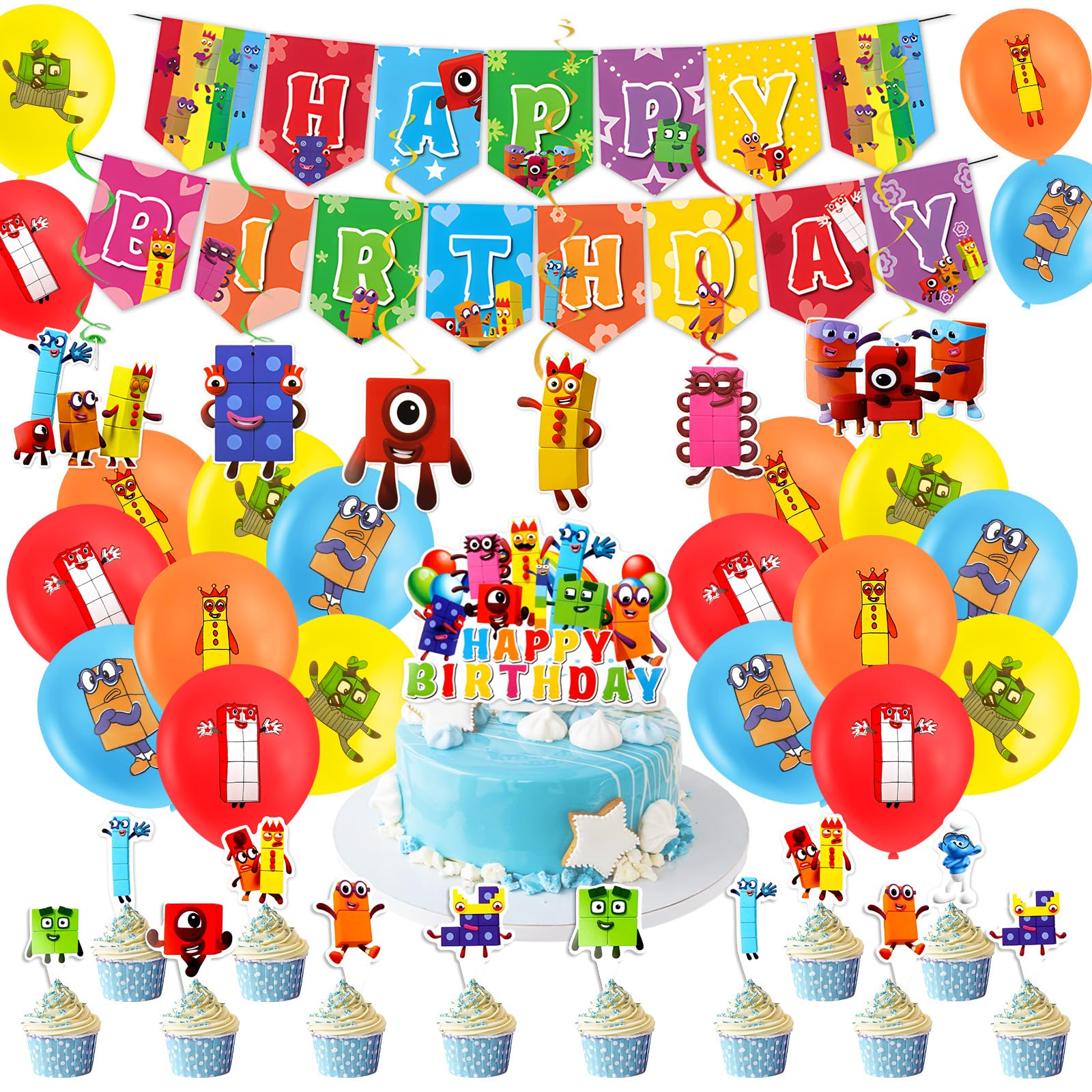 40PCS Blocks Birthday Decorations, Balloons Cake Toppers with Happy Birthday Banner, Party Decorations for Kids Boys Girls
