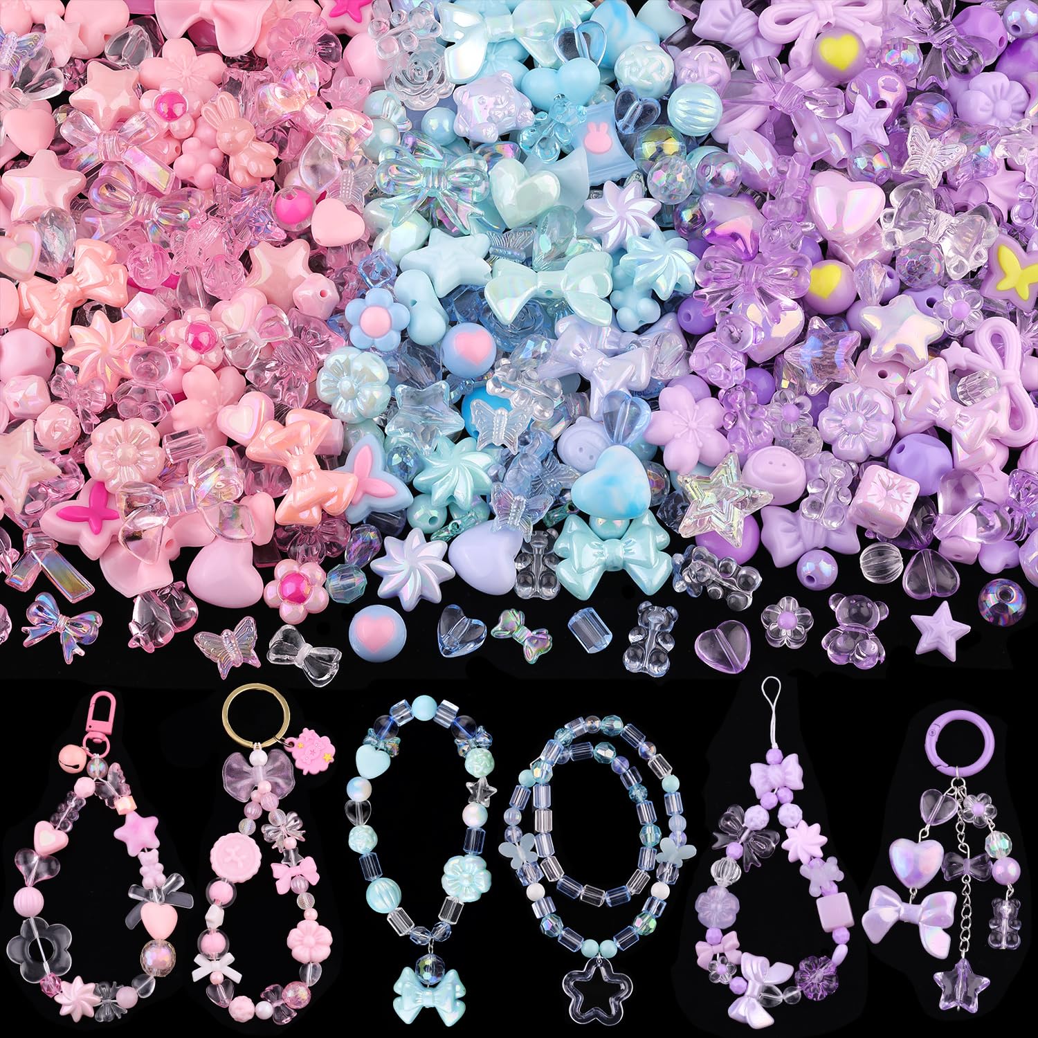 180-240PCS TINKRSTUFF Assorted Acrylic Beads 3 Mixed Colors Cute Beads for Bracelet Making, Bow Aesthetic GummyBear Flower Butterfly Kawaii Charms for Jewelry Making DIY Necklace Keychain Phone Charm