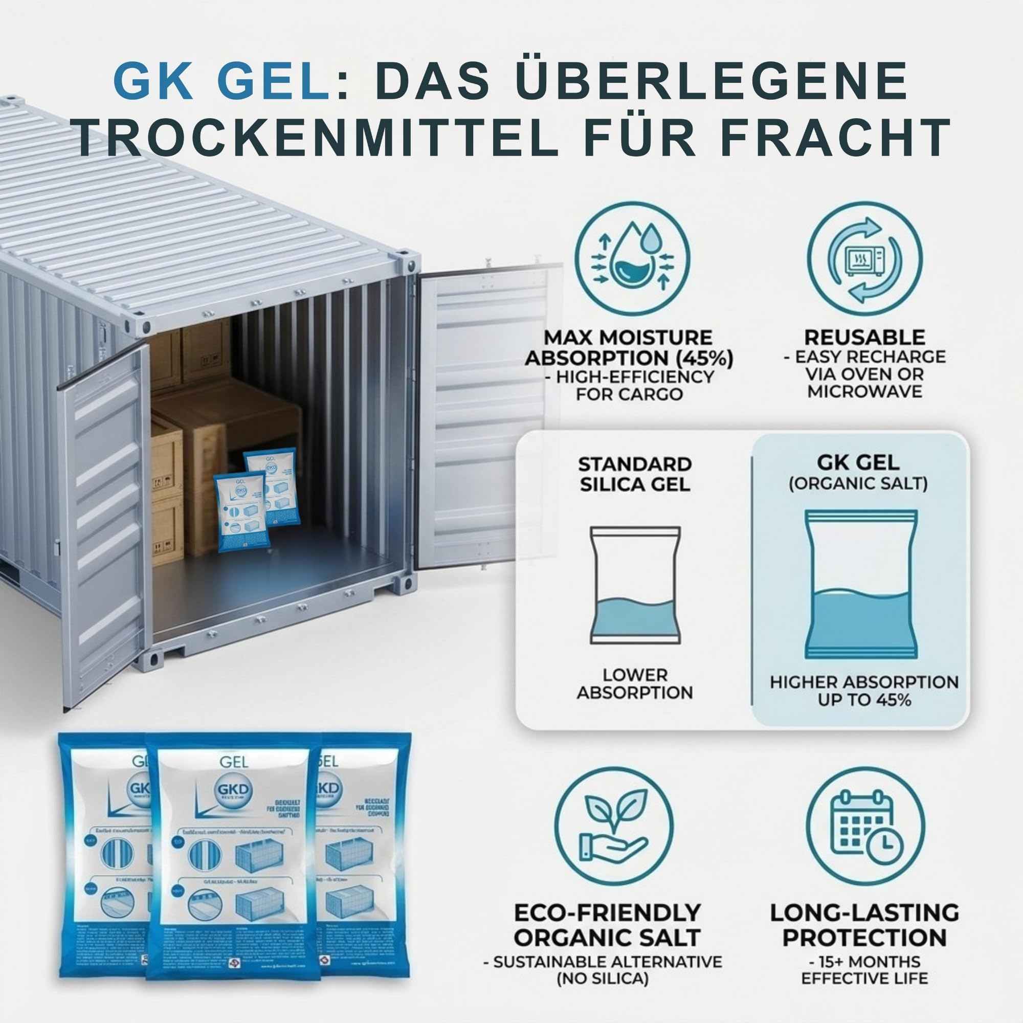GK Single 125gr - 100 Stück (volle Box) - Container Trockenmittel für Seetransport - Trockenbeutel mit Trocknungsgranulat - Trockenmittel Transport