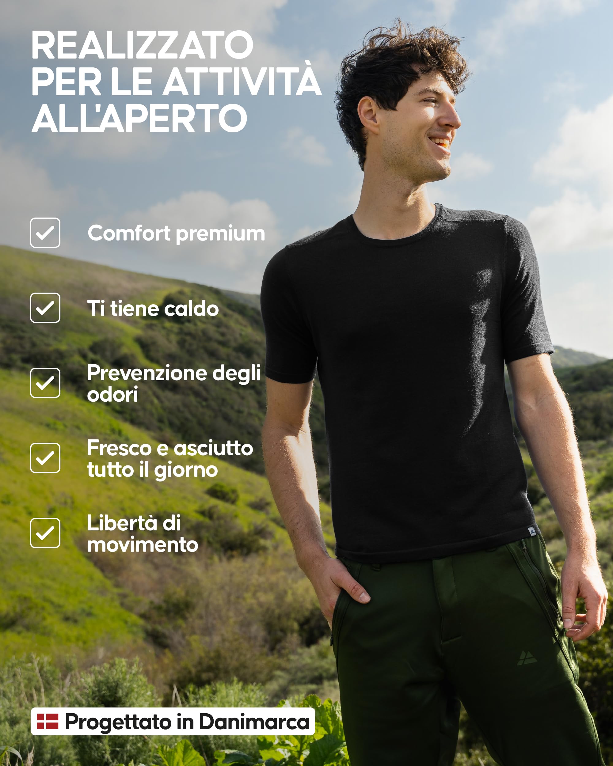 DANISH ENDURANCE Maglia Termica Uomo Lana Merino, Intimo Termico Uomo, Maglia Termica Manica Corta per Trekking, Escursionismo