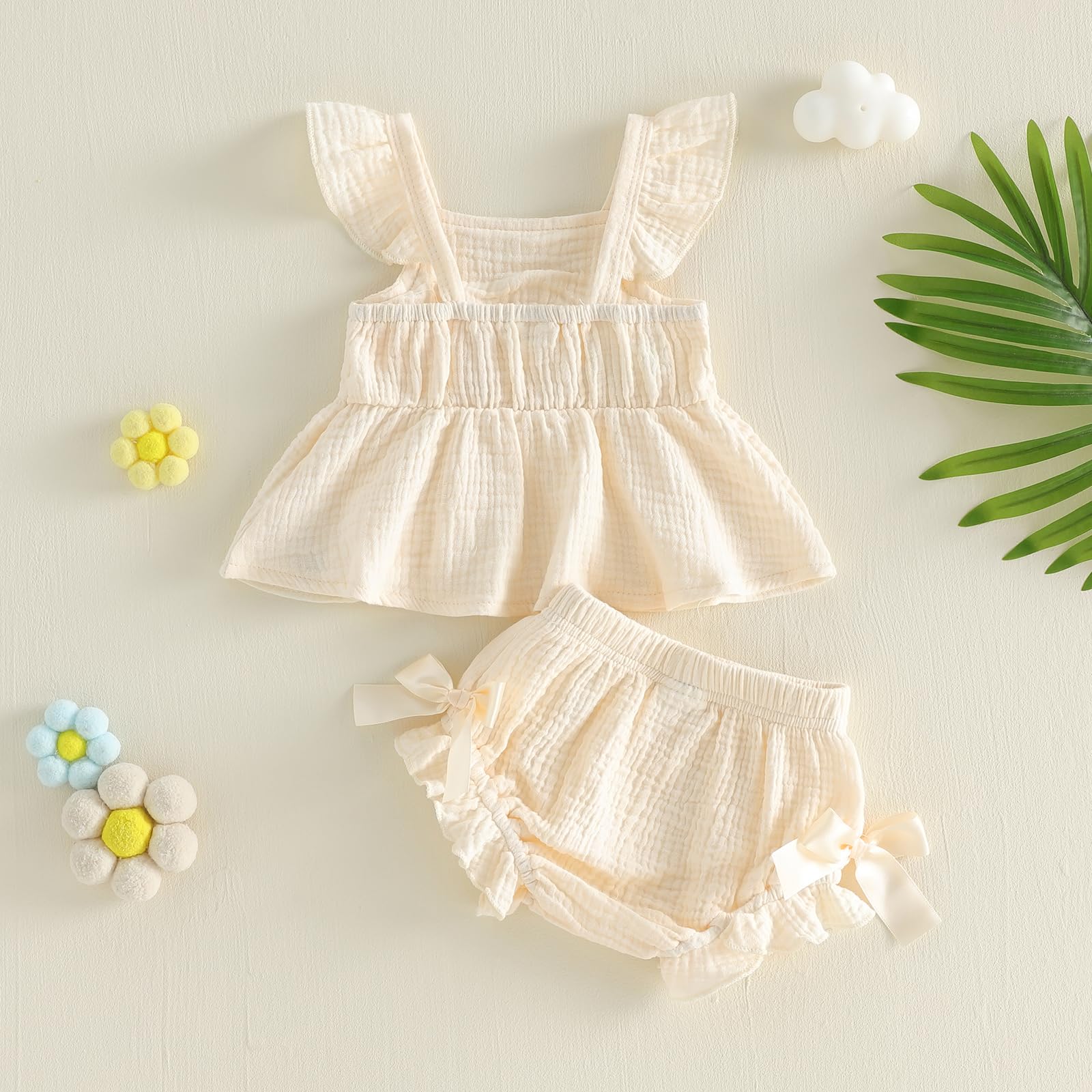Carolilly Ensemble Bébé Fille Été 2 Pièces, Haut à Volant avec Fleurs et Culotte avec Nœuds, Tenue Florale (0-18 mois)