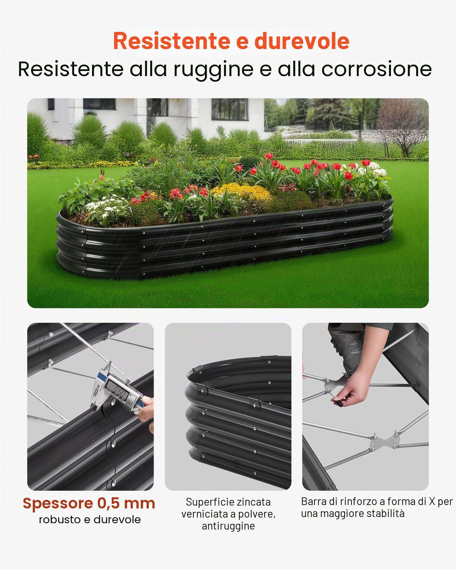 VEVOR Letto da Giardino in Acciaio Zincato 2400 x 600 x 290 mm, Design a Fondo Aperto, Grande Aiuola Rialzata per la Coltivazione di Verdure, Fiori, Erbe Aromatiche e Piante Grasse, Grigio Scuro