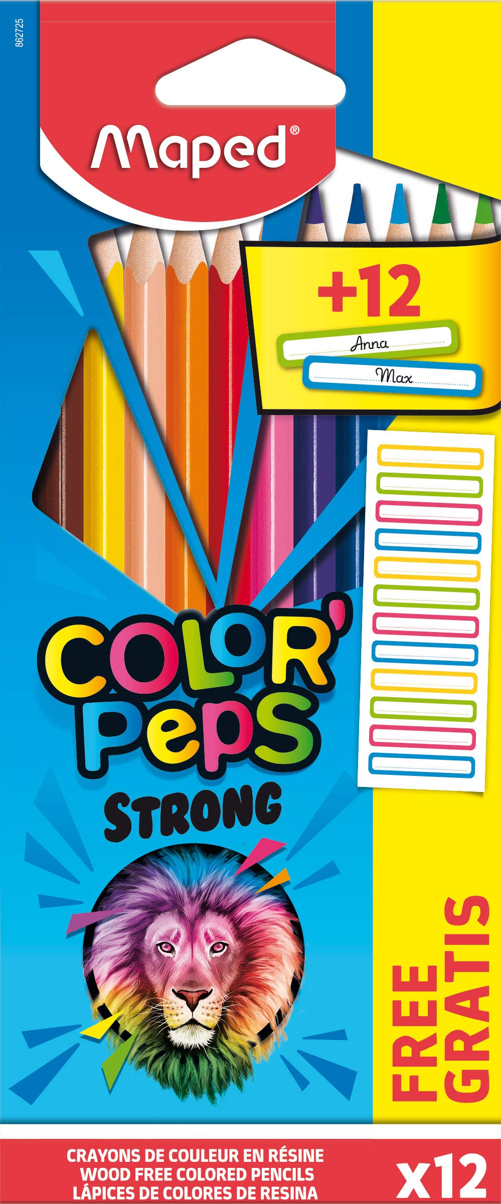 Maped - Pinturas de Madera - Estuche Strong - 12 Lápices de Colores y 12 Etiquetas para Poner el Nombre - Ideal para Llevar a Clase - Colores Vibrantes
