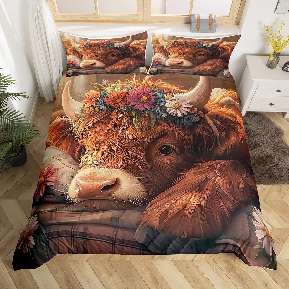 Highland Cattle Decorations Beddding,Wildlife Animals Flower Duvet Cover for All Season,Rustic Farmhouse Kids Bedroom Decor Comforter Cover (No Filler) Full Size,3PCS
