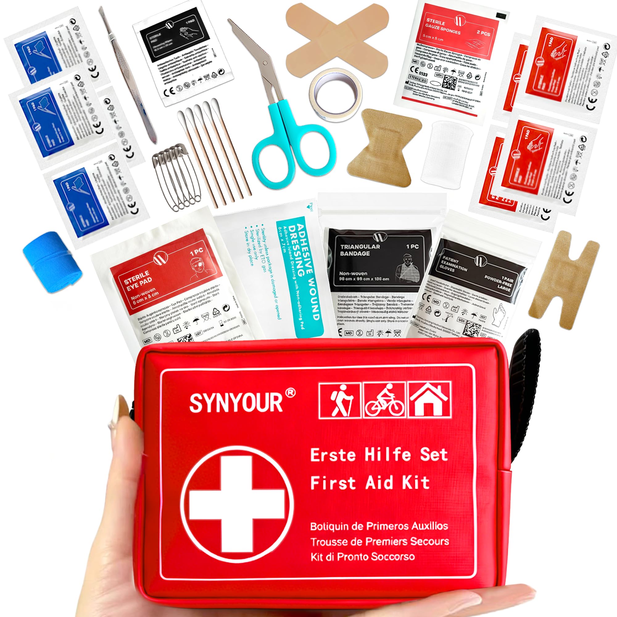 SYNYOUR Mini Erste Hilfe Set, 80 Teile Reiseapotheke für Outdoor Reise Wandern Fahrrad Camping Zuhause Kinder Urlaub, Verbandstasche Klein