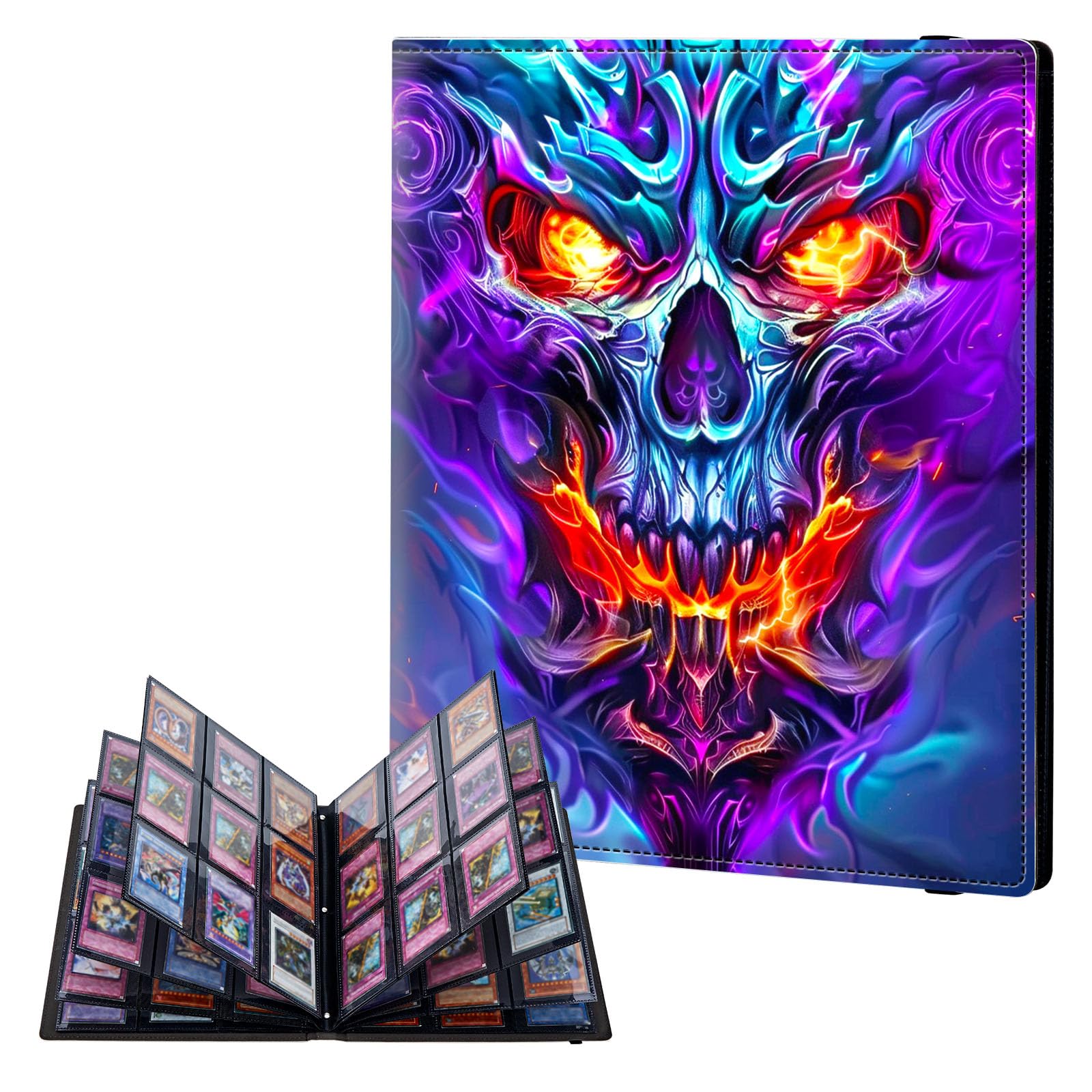 ETLKJVBL 9 Pocket Trading Card Binder, Card Collection Binder for TCG, MTG, Sports Cards, Baseball, Evil Skull with Colorful Flames Trading Card Book Holder for Collectors, Top Loader Binder — image 1