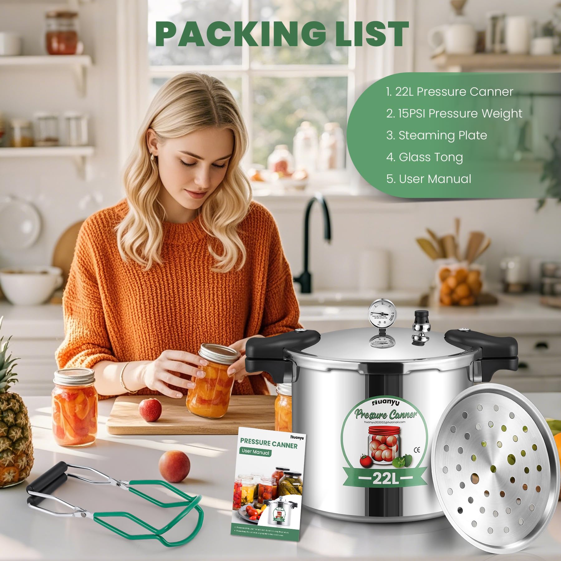 Huanyu 22L Druck Canner mit Manometer und 15PSI Druck Gewicht kann Sterilisator mit Alloy Base kompatibel für Induktion und Gasherde Druckkocher für Konserven