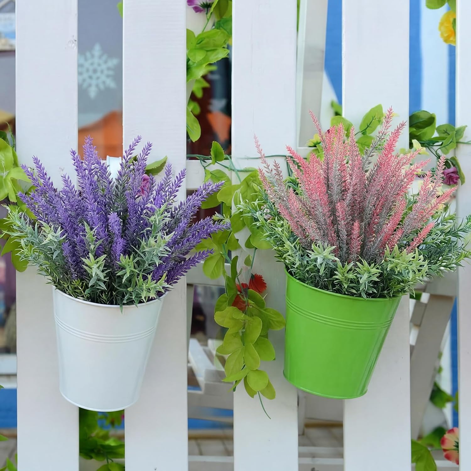 Zeyune 36 Bundles Artificial Flowers Flocked Plastic Flowers Artificial Frosted Green Plants UV Resistant Fake Realistic Eucalyptus Violet Lavender Plants for Home Wedding Kitchen Garden Patio Decor