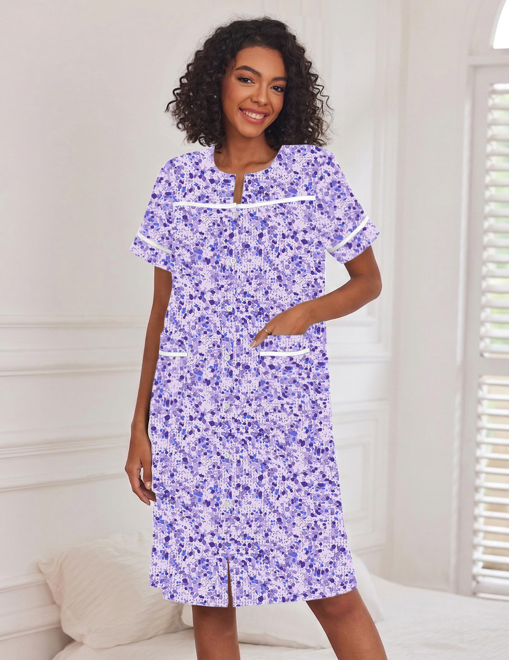 Ekouaer Camisones para mujer, vestido de casa con bolsillos, con botones, abrigo de casa, de manga corta, vestidos de noche, plumero, Moo Moos