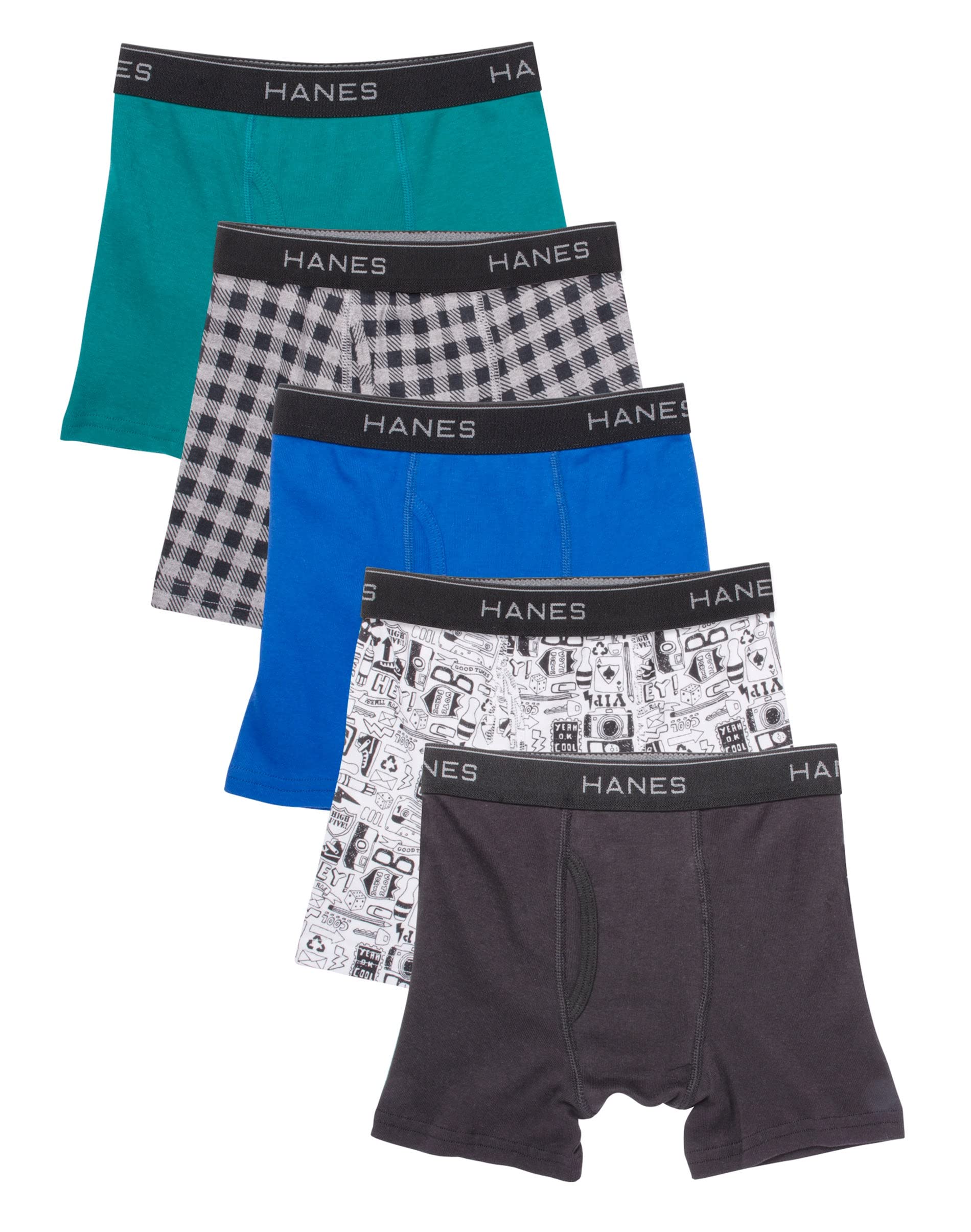 Hanes Calzoncillos tipo bóxer estampados para niños con cintura cómoda y flexible, paquete de 5
