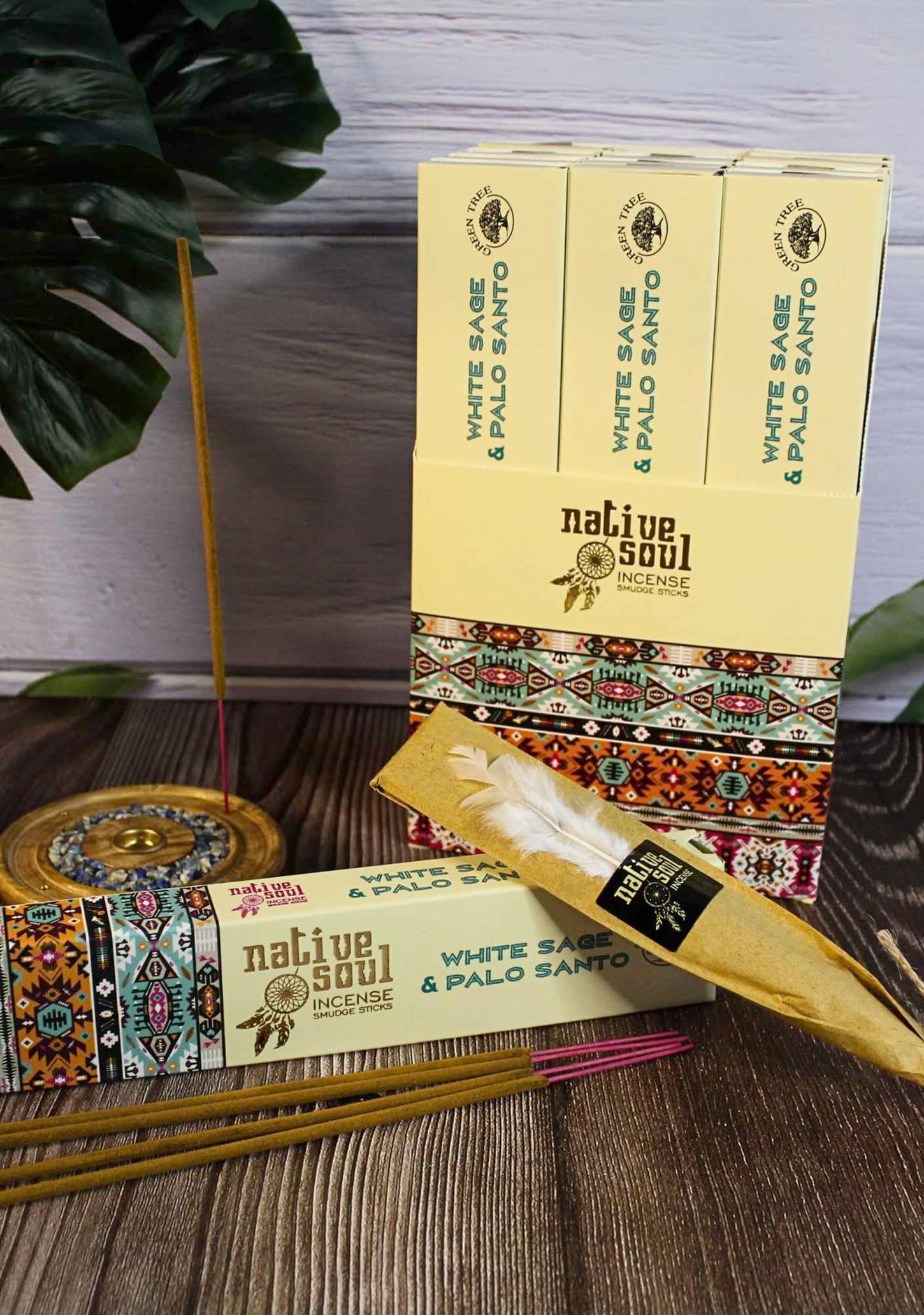 Native Soul White Sage & Palo Santo Incense Sticks – Pack of 3 with JRose Incense Burner – Powerful Cleansing & Meditation – Long-Lasting Natural Fragrance