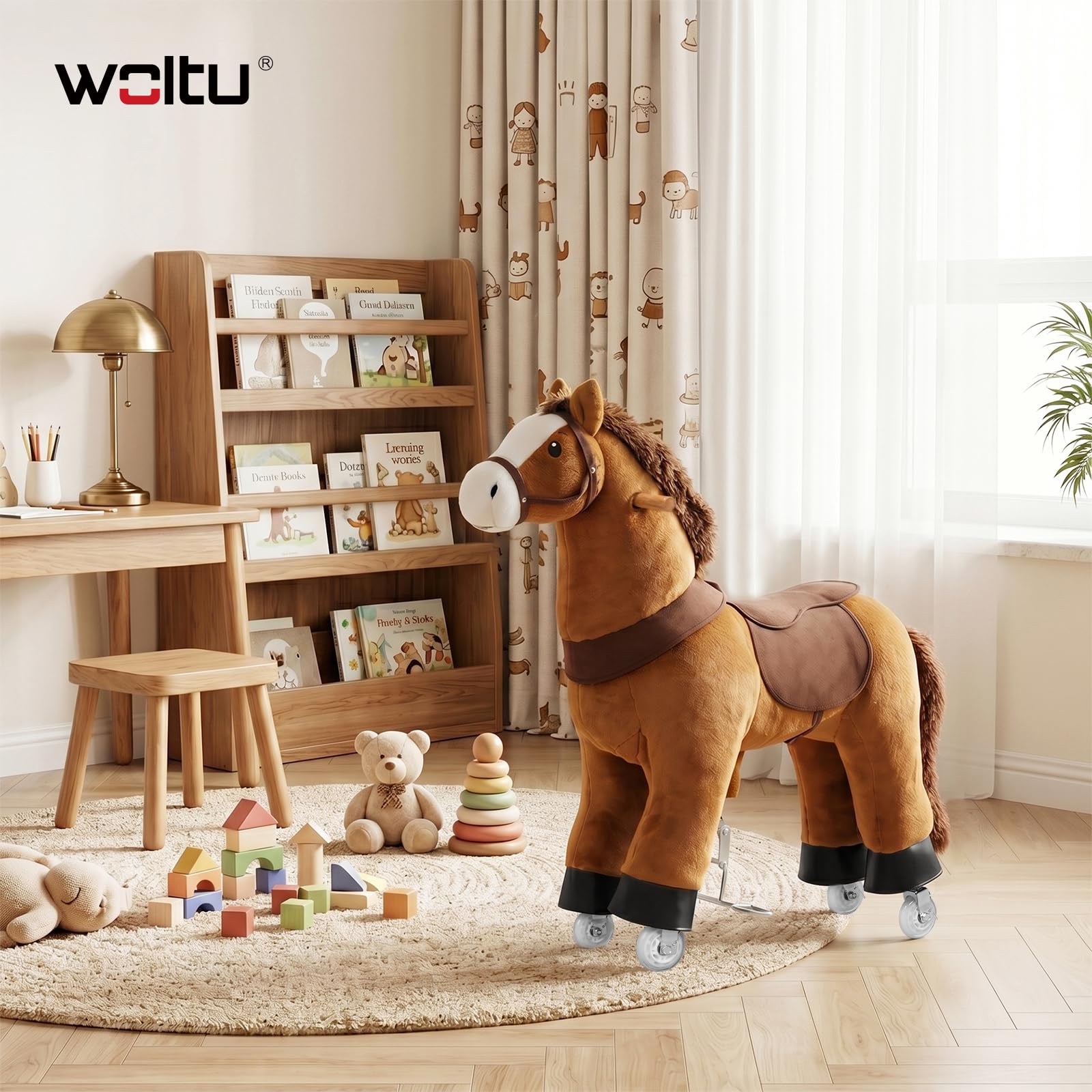 WOLTU Reitpferd für Kinder ab 4 Jahren, Plüschpferd auf Rollen mit Soundfunktion, Stehpferd aus Holz und Metall, Spielpferd zum Reiten, Kinderpferd für drinnen und draußen, Braun