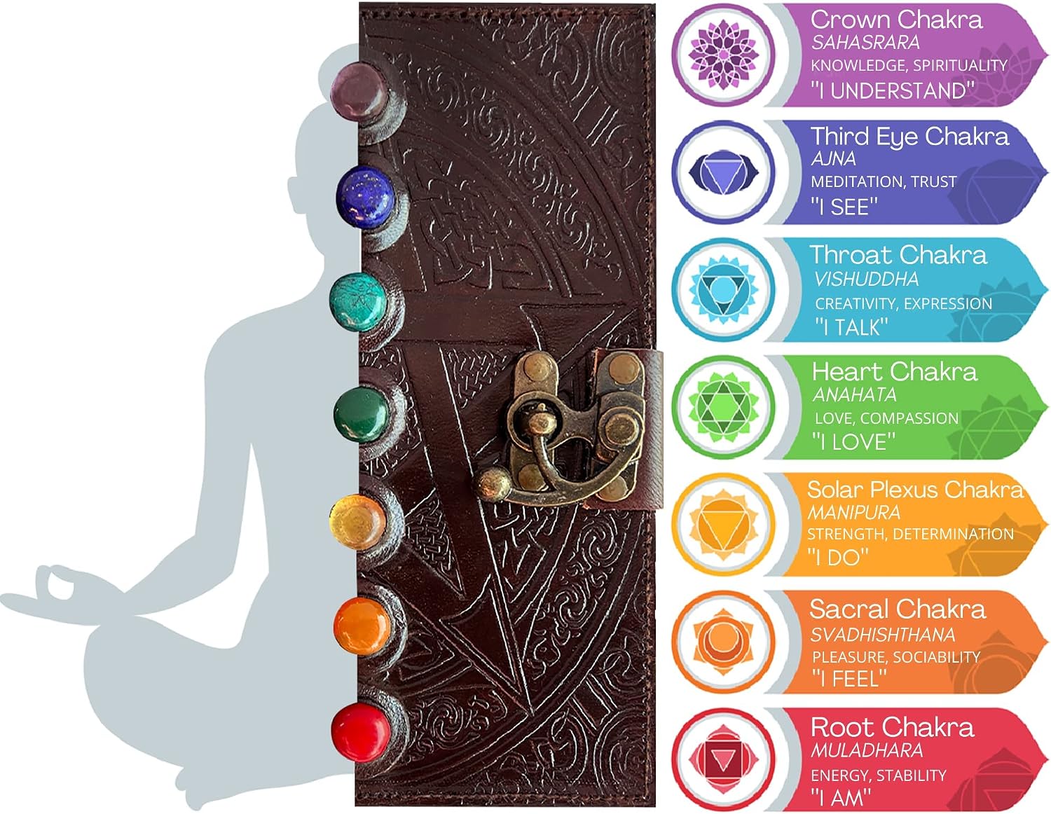Leather Chakra Journal: Unlock Your Inner Magic with 7 Stones Celtic Notebook | Leather Bound Journal, Book of Shadows & Wiccan Gift | Diary with Lock for Witches, Goth Lovers, and D&D Enthusiasts