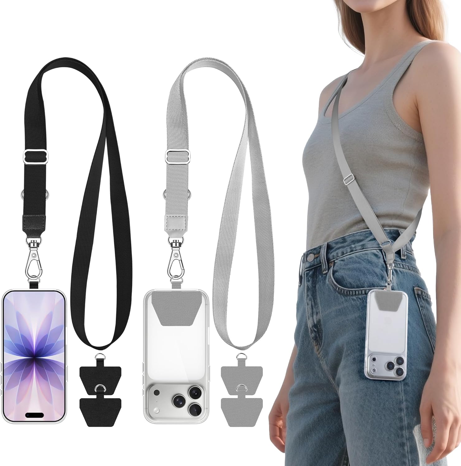 takyu 2 Pcs Adjustable Phone Lanyard Neck Strap, Universal Mobile Phone Lanyard with 4 Adhesive Tethers, Compatible for iPhone, Samsung, HUAWEI and Most Smartphone Black & Gray