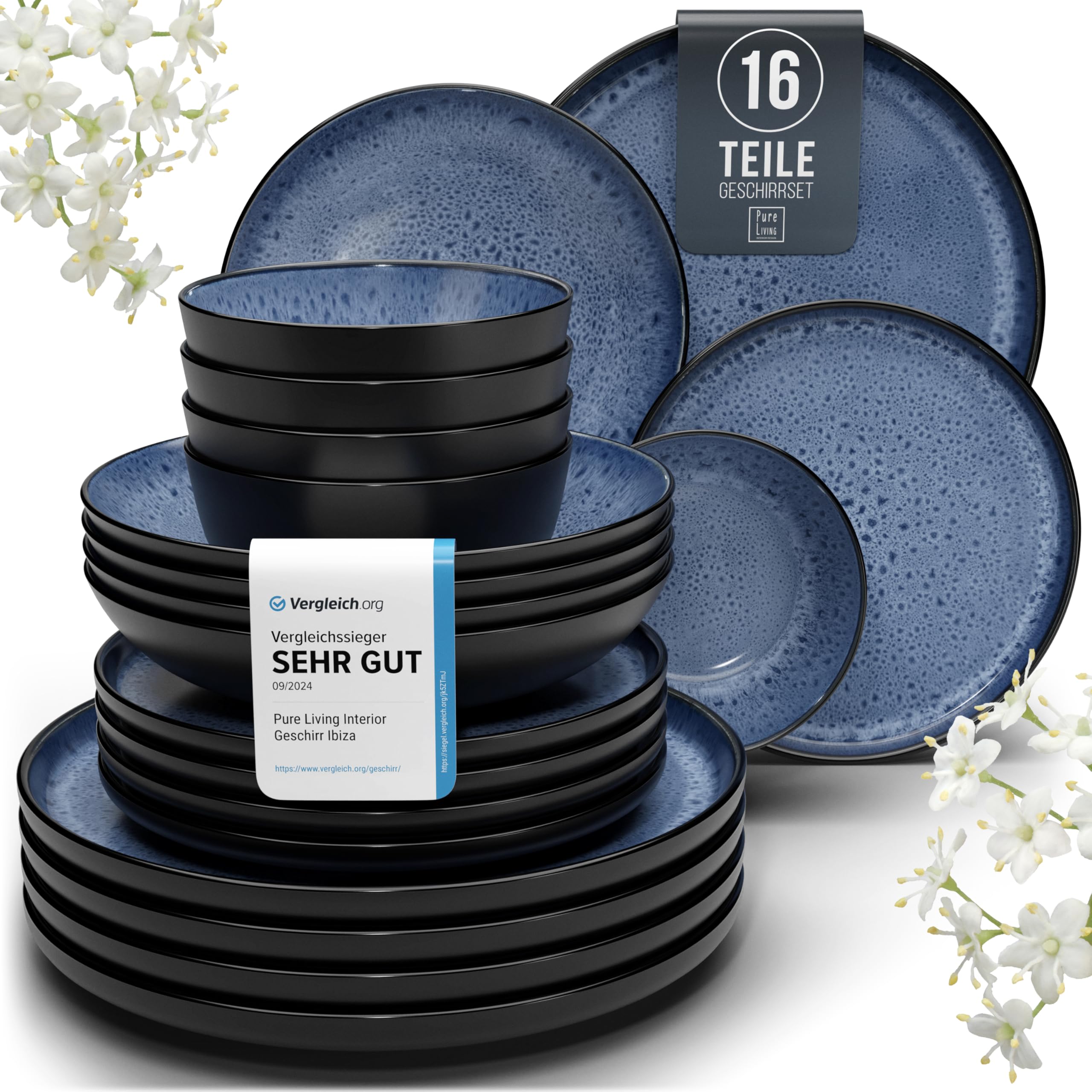 Ibiza Stoneware Crockery Set for 4 People, 16 Pieces, High-Quality Mediterranean Stoneware Tableware Set, Bowl and Plate Set, Dinner Service for 4 People, Pure Living Black Deep Blue