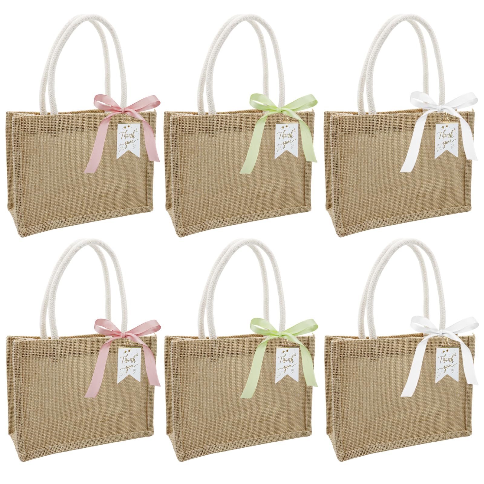 6 Pack Burlap Tote Bags with Handles, 22×16cm Reusable Jute Gift Tote with Green Ribbon and Tags, Small Beach Bags for Wedding, Bridesmaid, Party, Shopping, Appreciation, DIY, Shopping, Pool
