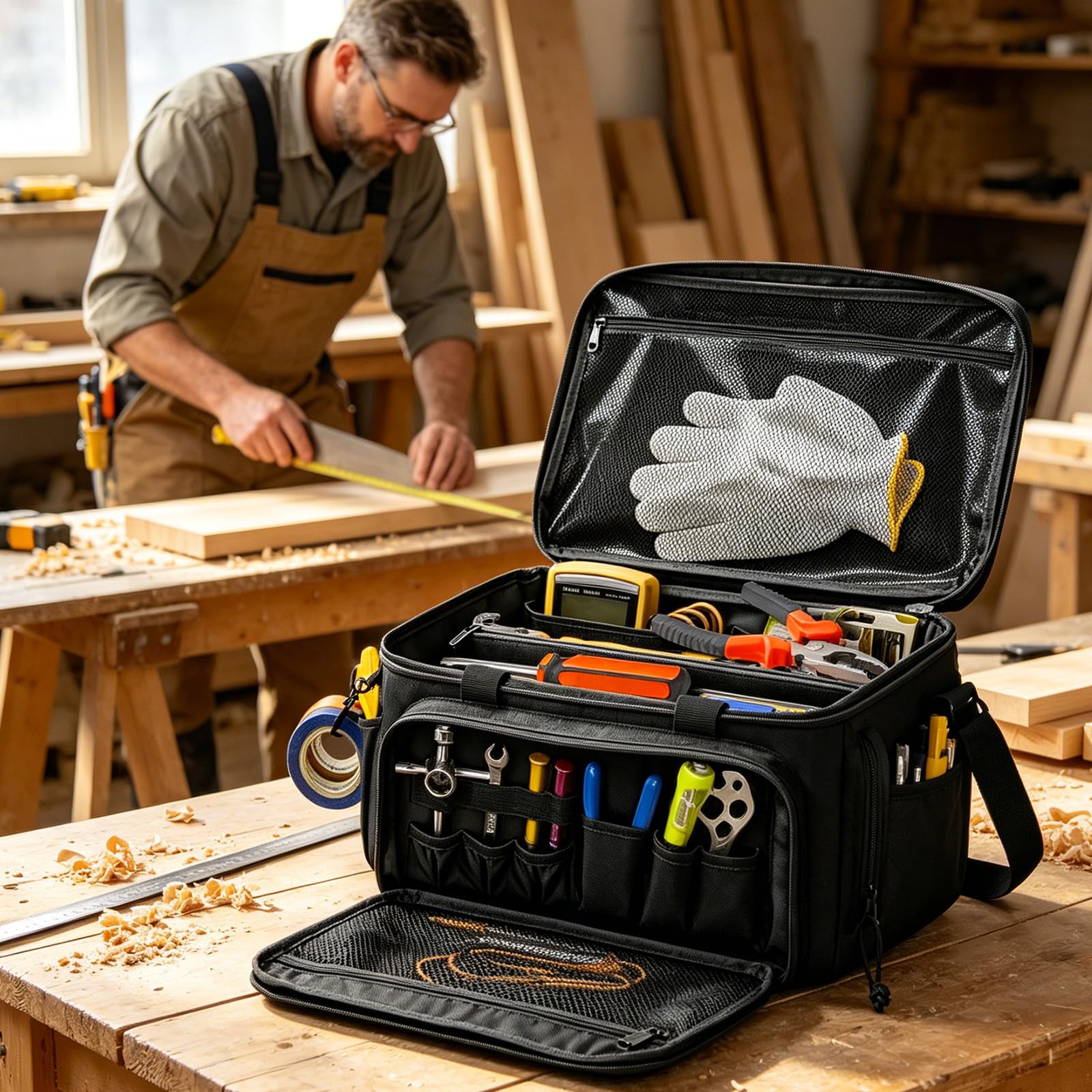 Bolsa de herramientas pequeña de 14 pulgadas, con base acolchada antideslizante y gruesa, bolsa ligera para artesanos, bolsa de herramientas multifuncional, pequeña para electricistas, carpinteros